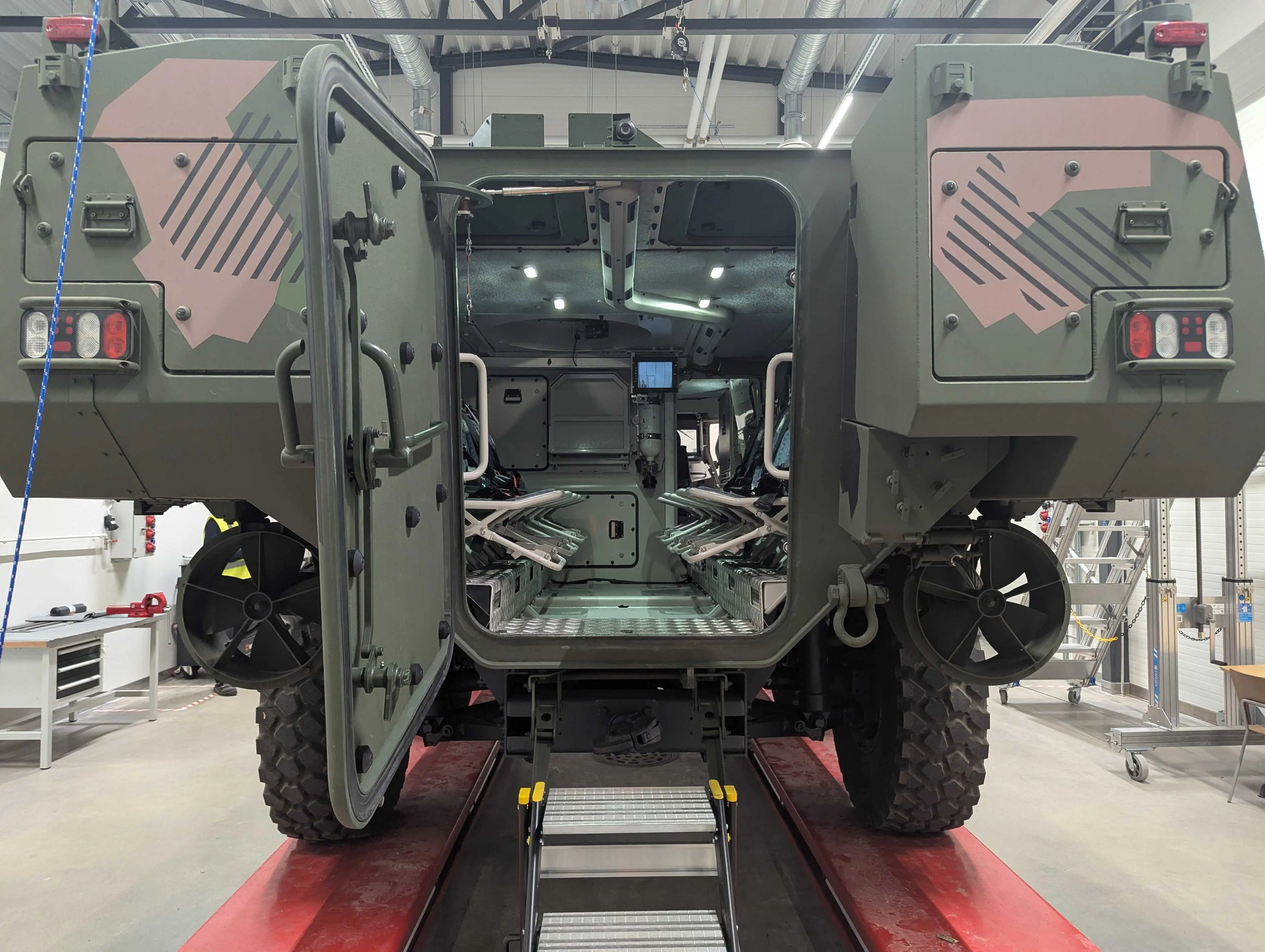 The interior of Patria's 6x6 can be seen from the rear.