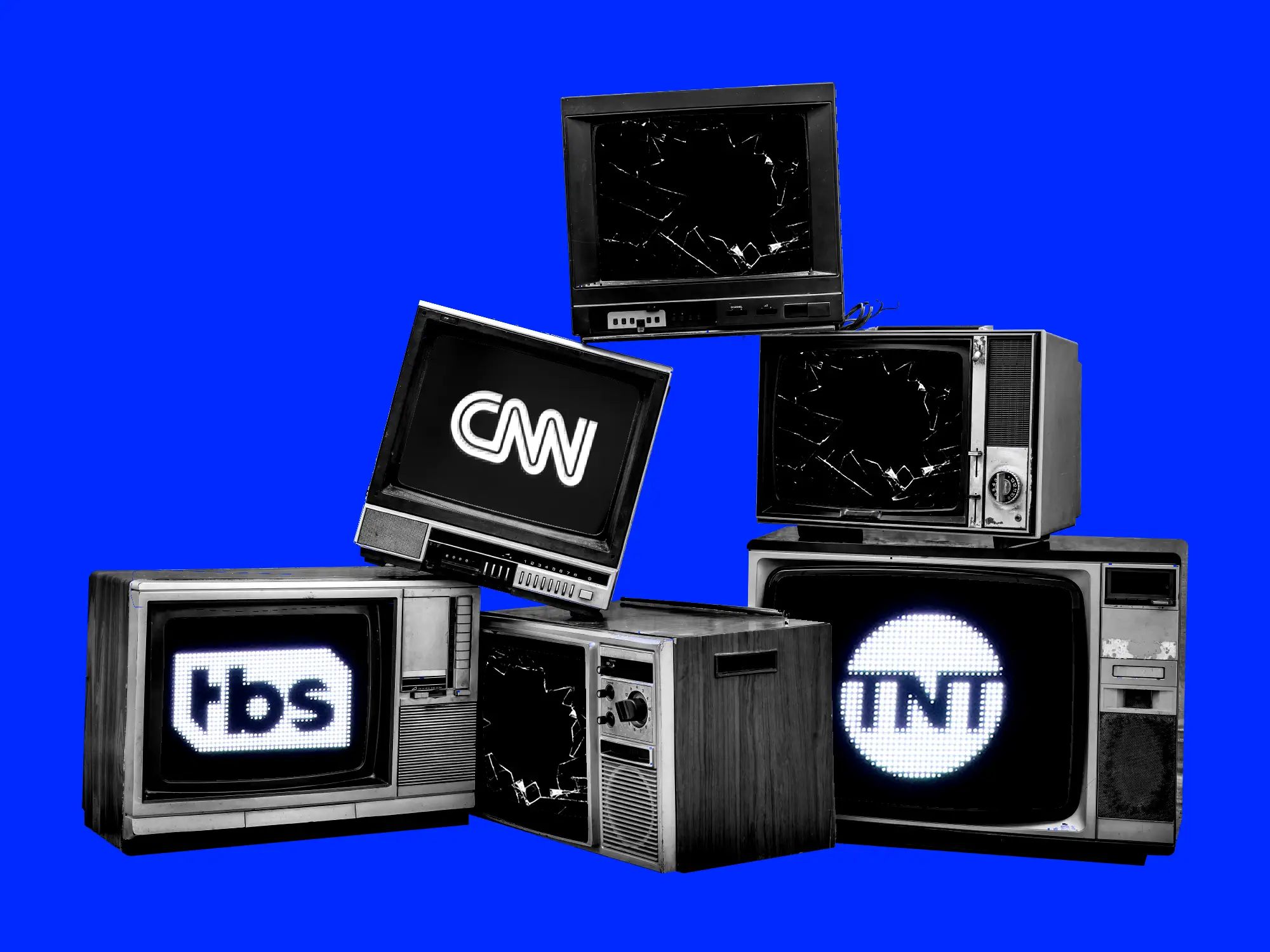 Broken TV sets with logos of CNN, TBS, and TNT