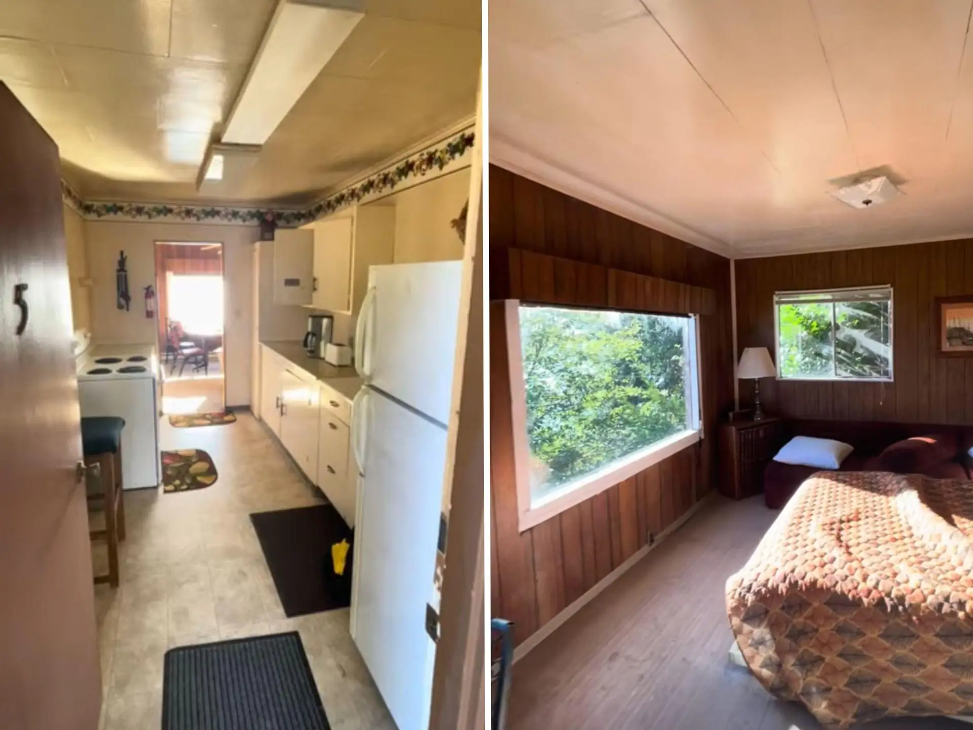 A side-by-side of a dated kitchen and a bedroom with wooden walls.