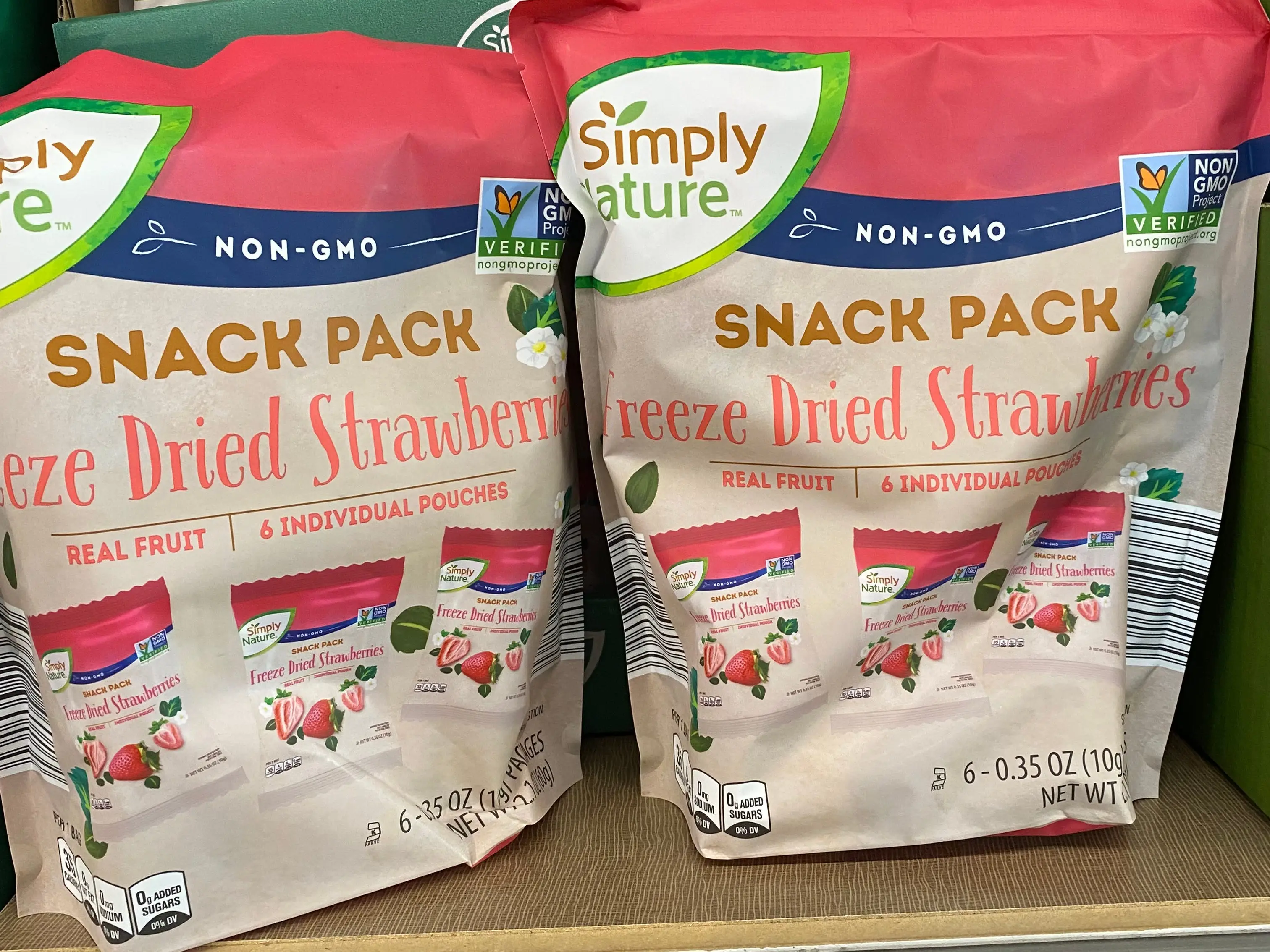 Bags of Simply Nature freeze dried strawberries.