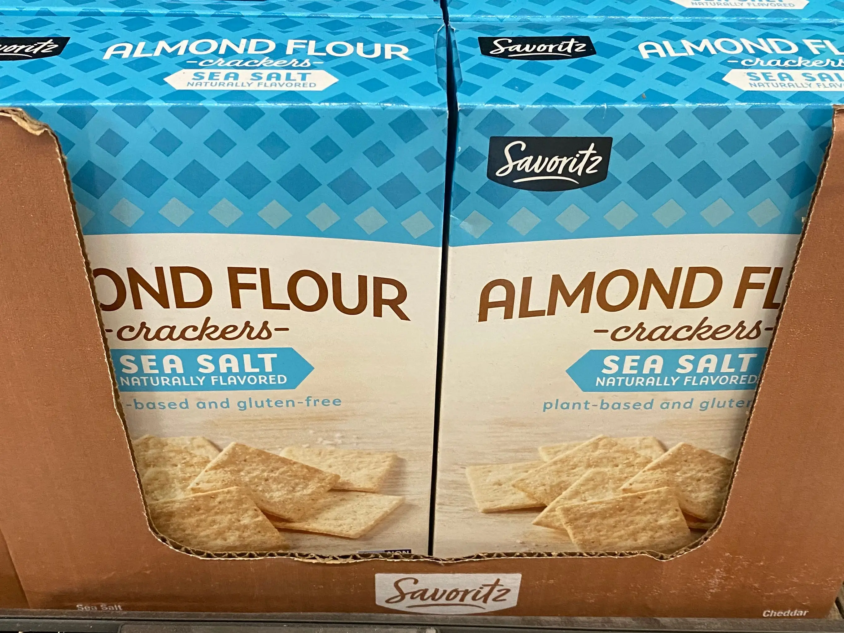 Boxes of Savoritz almond-flour crackers.