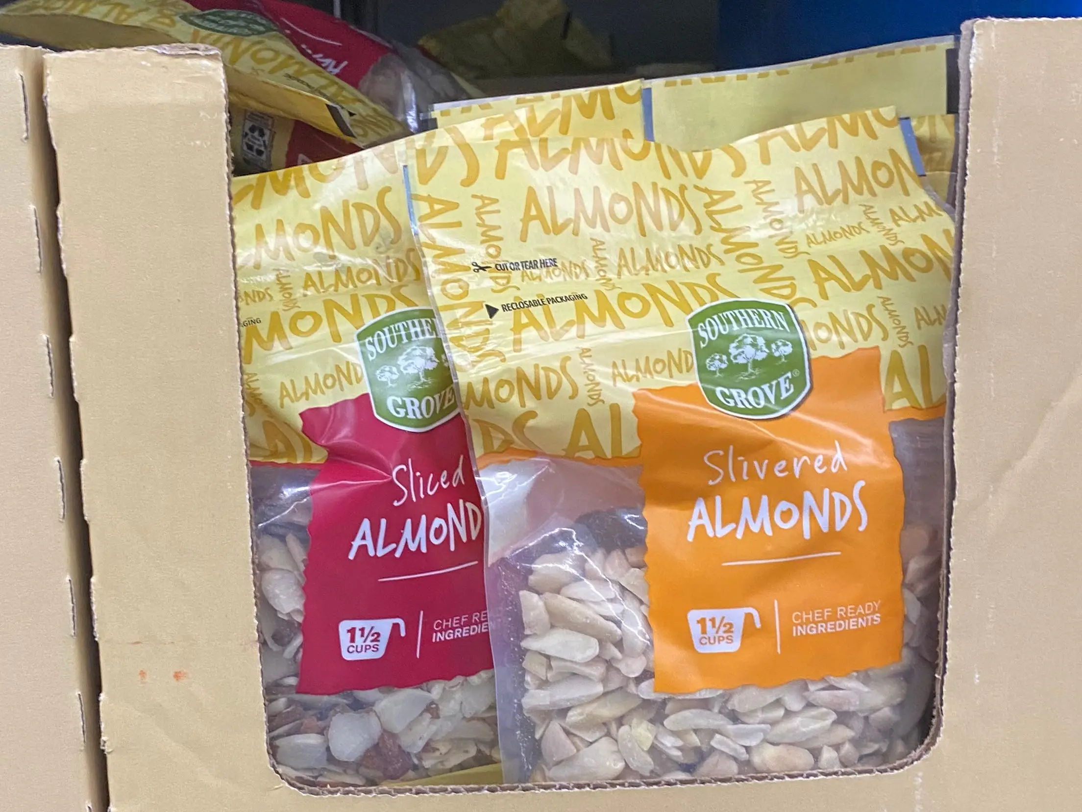 Bags of Southern Grove sliced and slivered almonds.