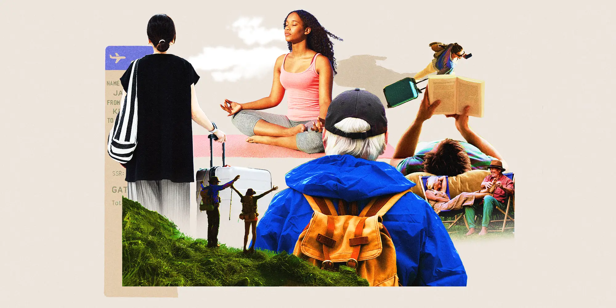 Photo collage featuring travelers with a suitcase, a person practicing yoga or meditation, a backpacker on the move, hikers celebrating at a summit, someone reading a book, and a couple relaxing together.