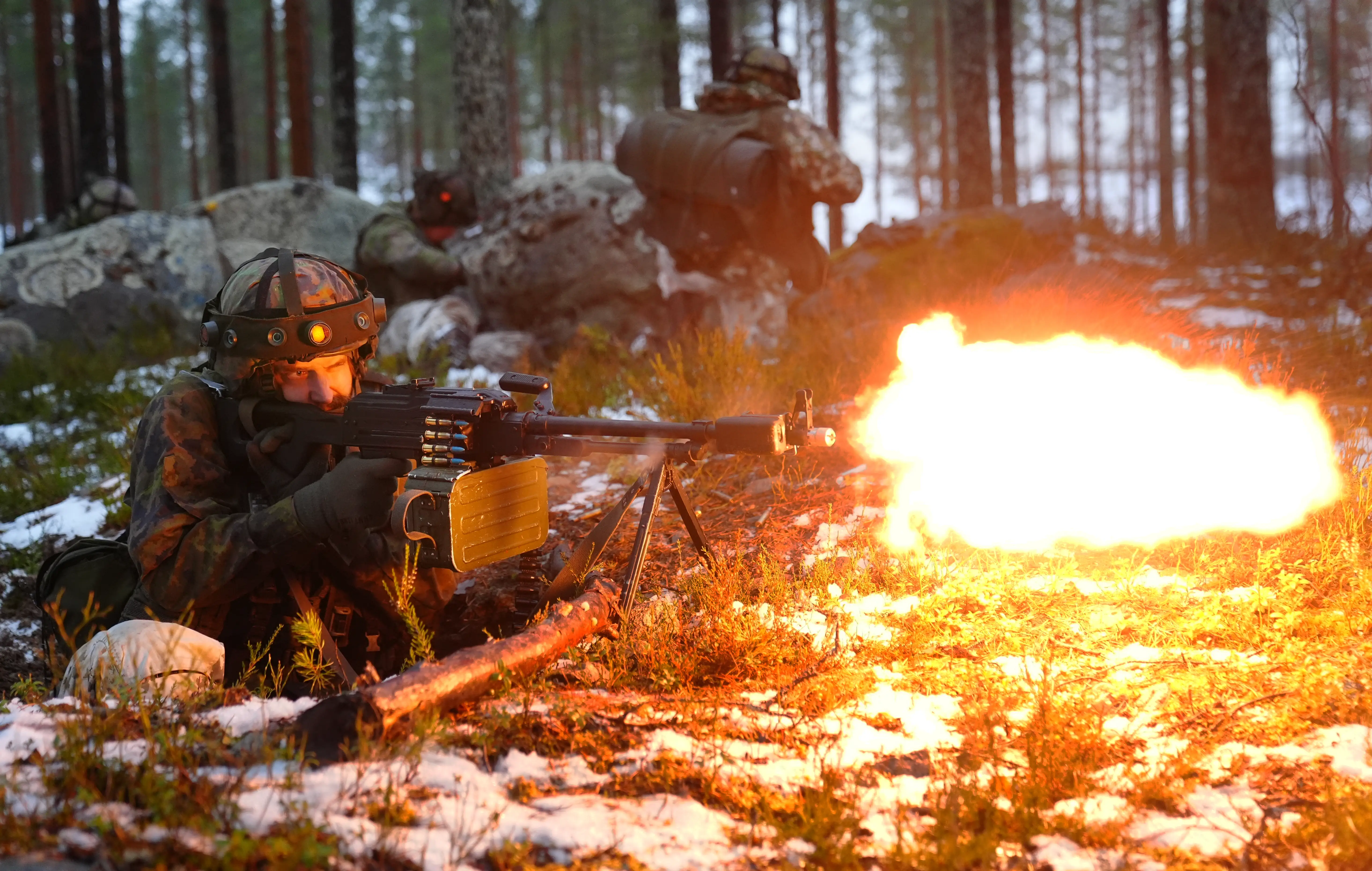 Finnish soldiers at Vuosanka near Kajaani as British soldiers train during a major exercise on NATO's border with Russia.