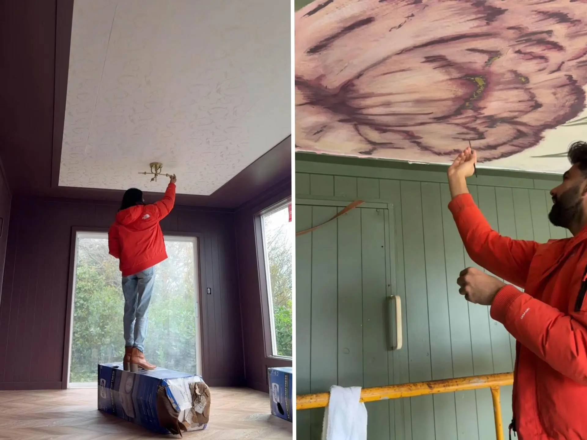A side-by-side of a woman adjusting a ceiling lamp and a man painting a flower on a ceiling.
