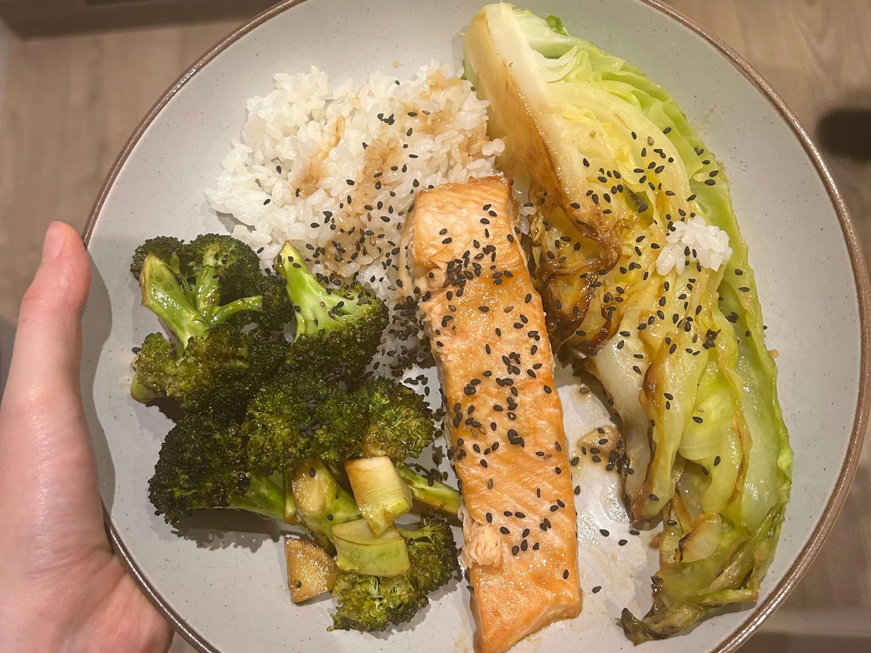 A plate of salmon, rice, cabbage, and broccoli