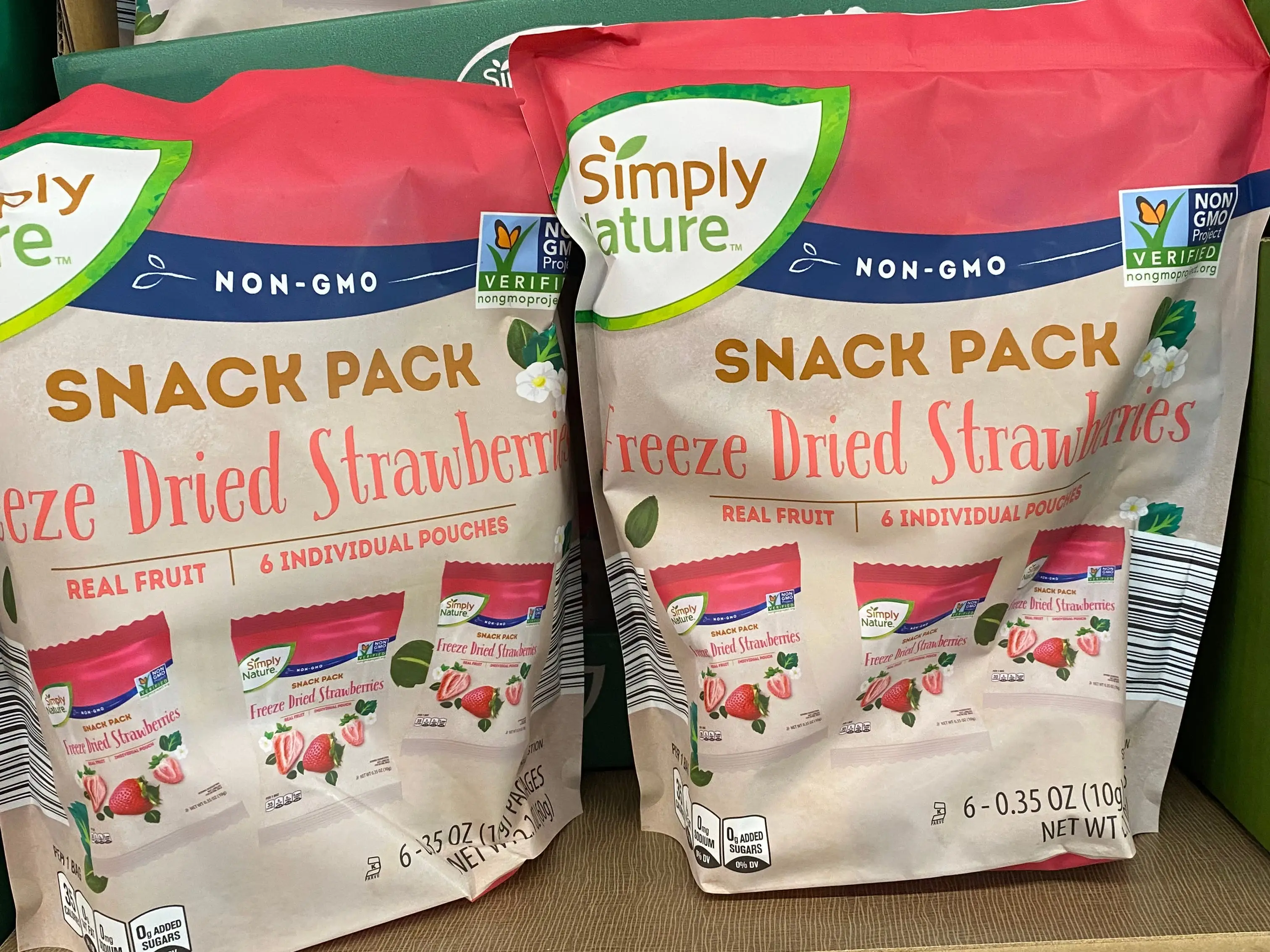Bags of Simply Nature freeze dried strawberries.