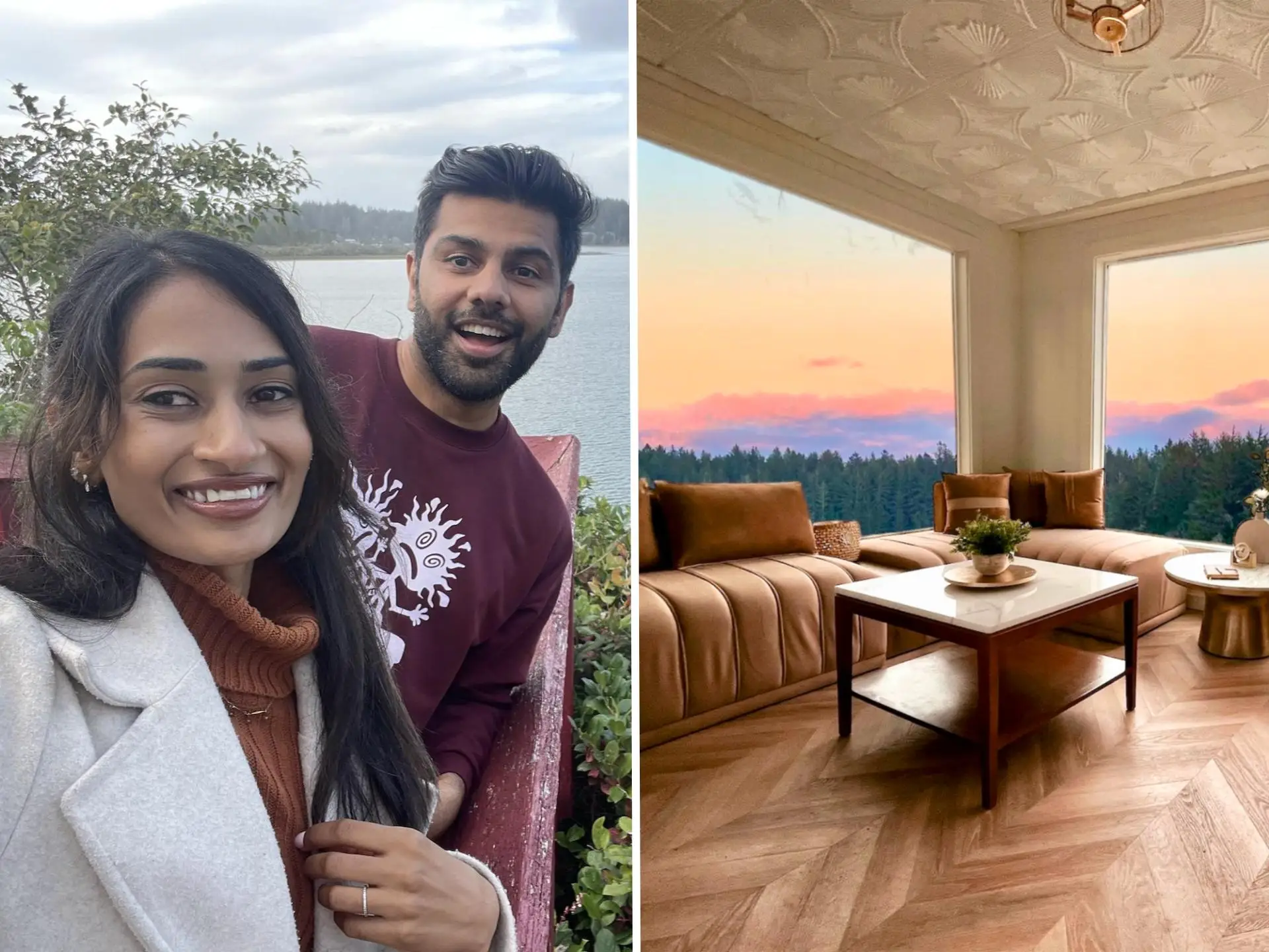 A side-by-side of a couple smiling in a selfie in front of a lake and bedroom with windows that overlook the lake.