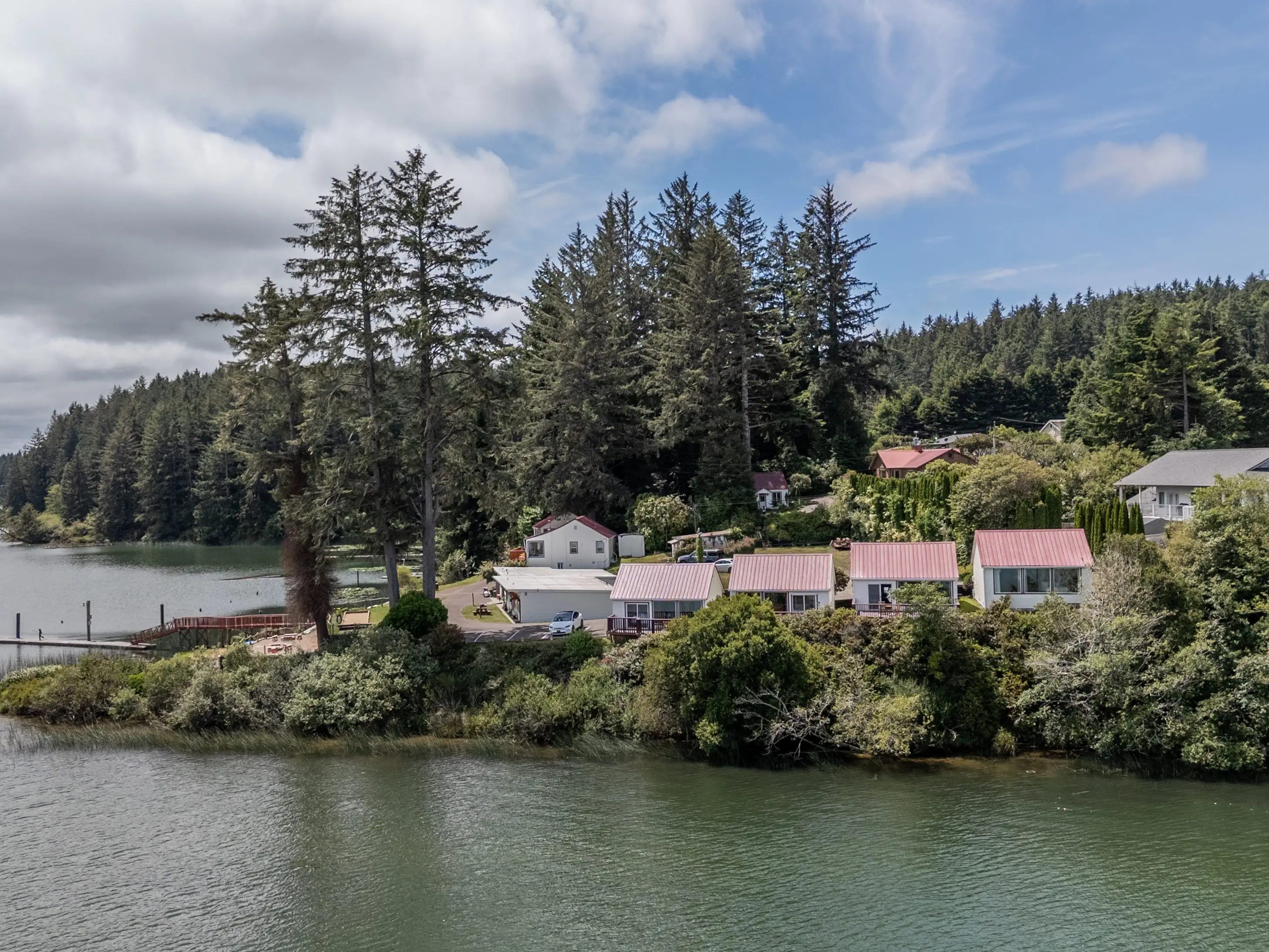 A wide view of an array of cottages and homes on a coastline with trees.