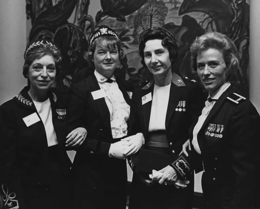 Until the 1970s, military women served under their own female chains of command. Pictured here in October 1966 are Col. Emily C. Gorman  (Women's Army Corps), Viola Brown Sanders (Women in the Navy), Col. Barbara Bishop (Women Marines), and Col. Jeanne Holm (Women in the Air Force). Gorman, Sanders, and Bishop wear their service-specific tiaras.