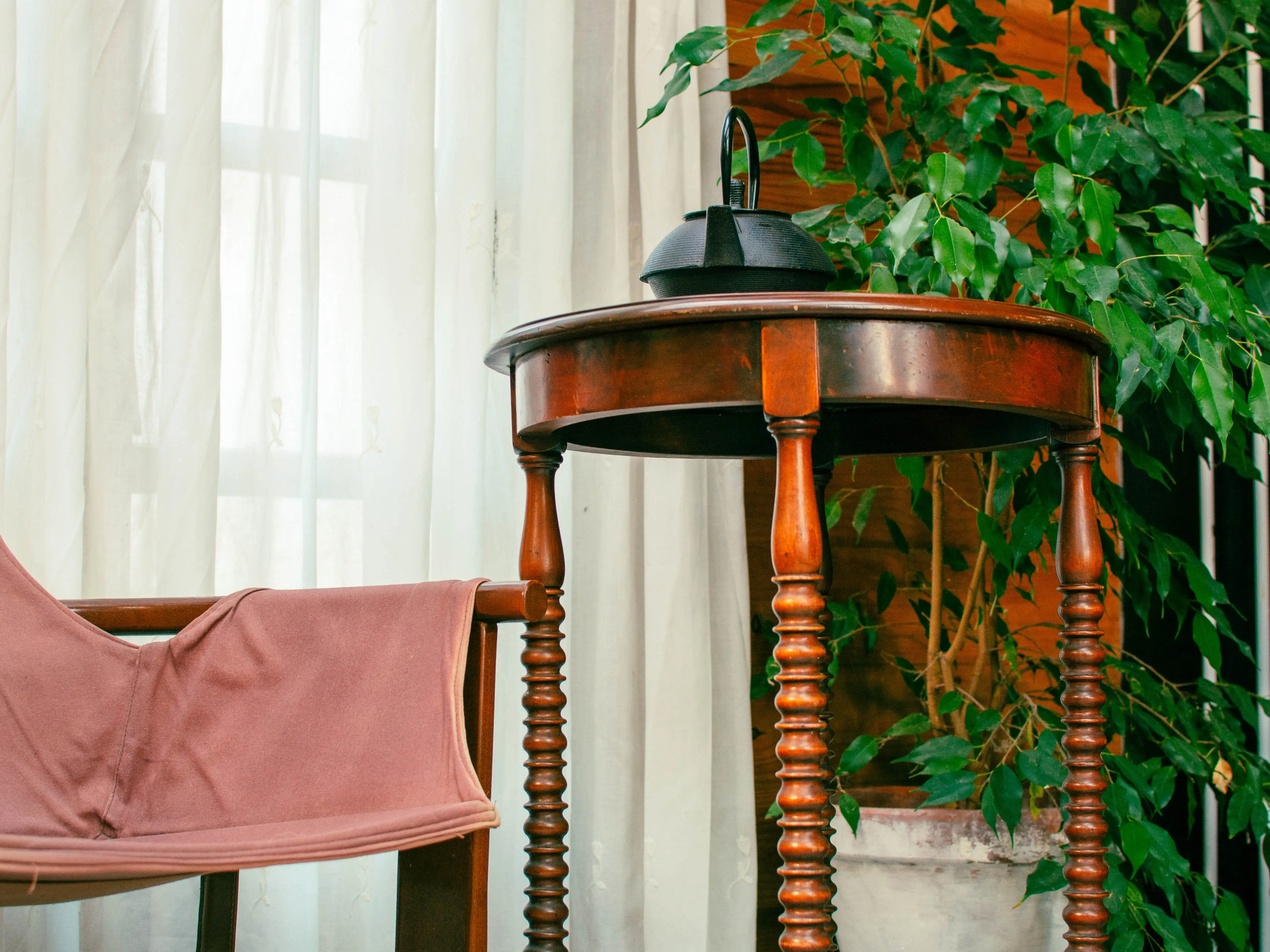 A deep wooden table, with plants and a chair nearby, in a living room.