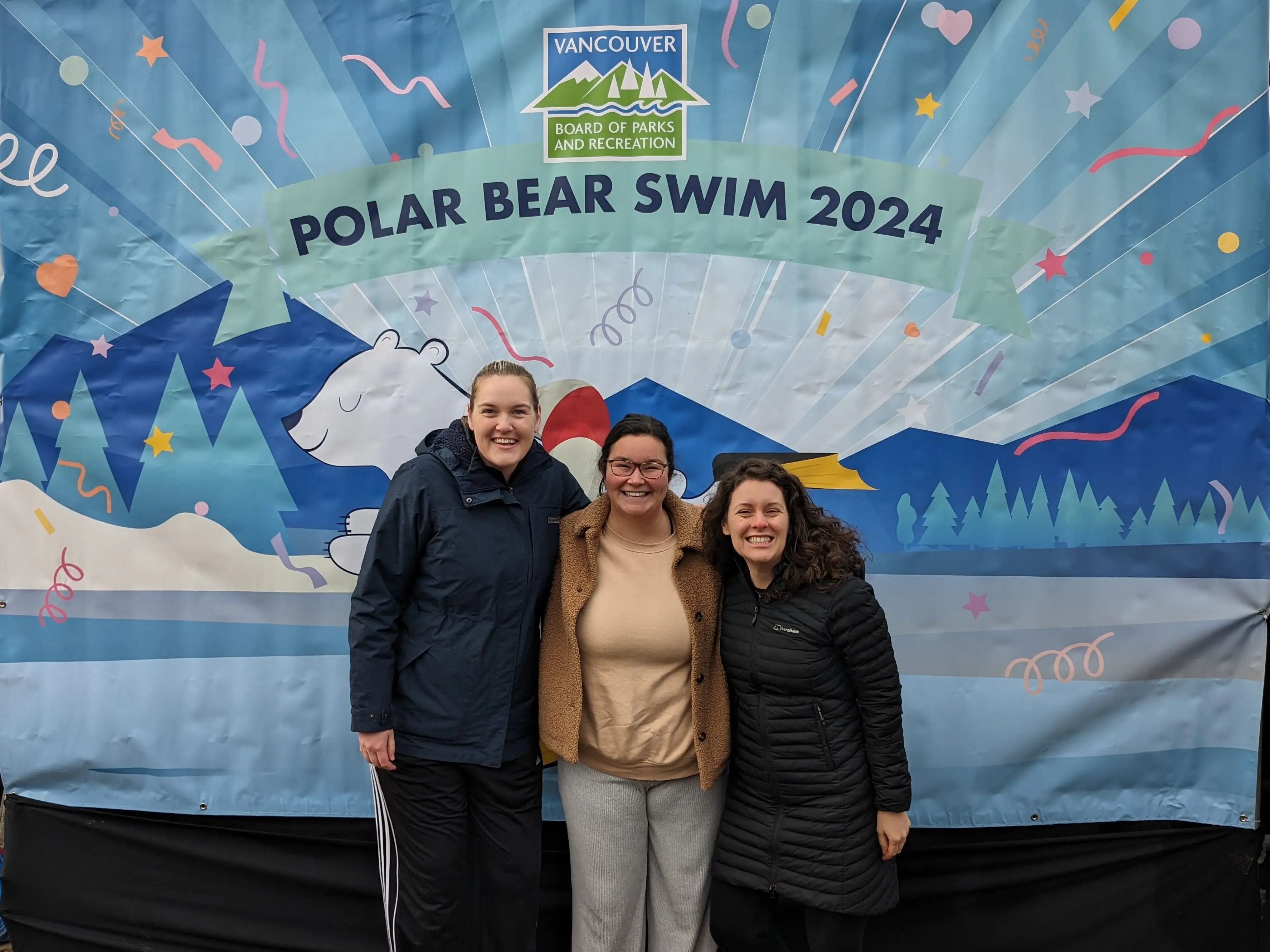 The author and two friends at the Polar Bear Swim 2024.