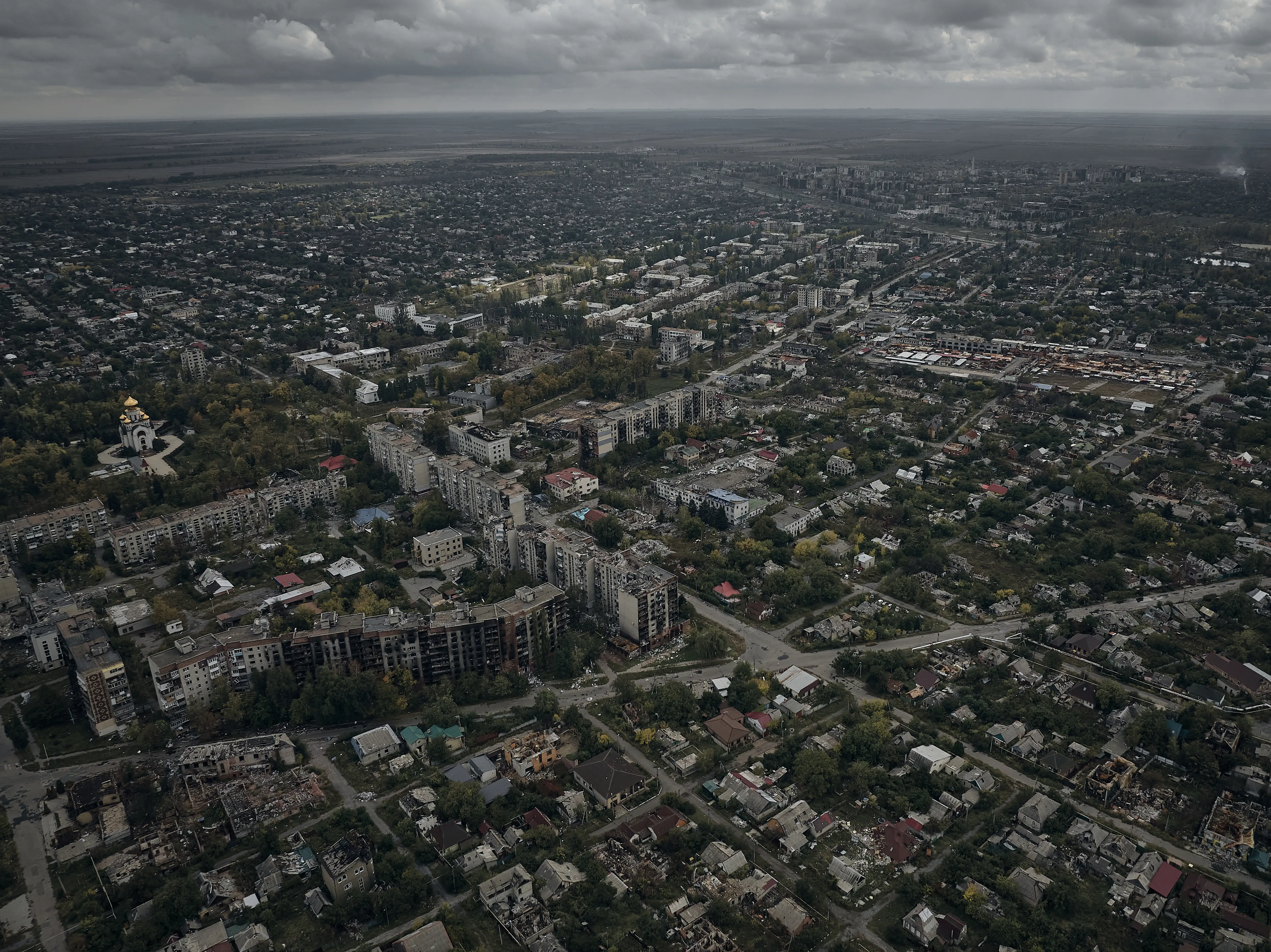 A general aerial view shows the destroyed Pokrovsk covered in morning fog in October, following months of intense fighting.