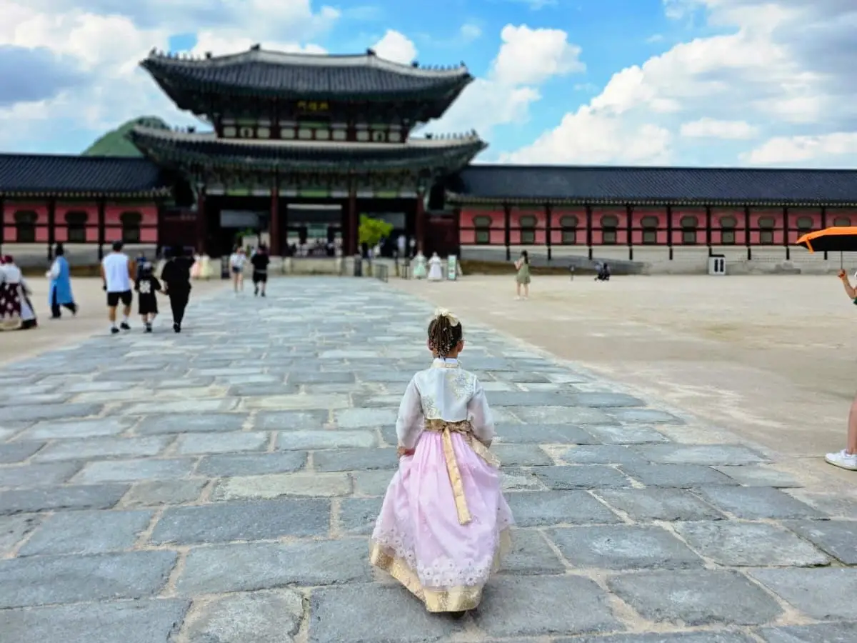 A young girl wearing a hanbok, photographed from the back.