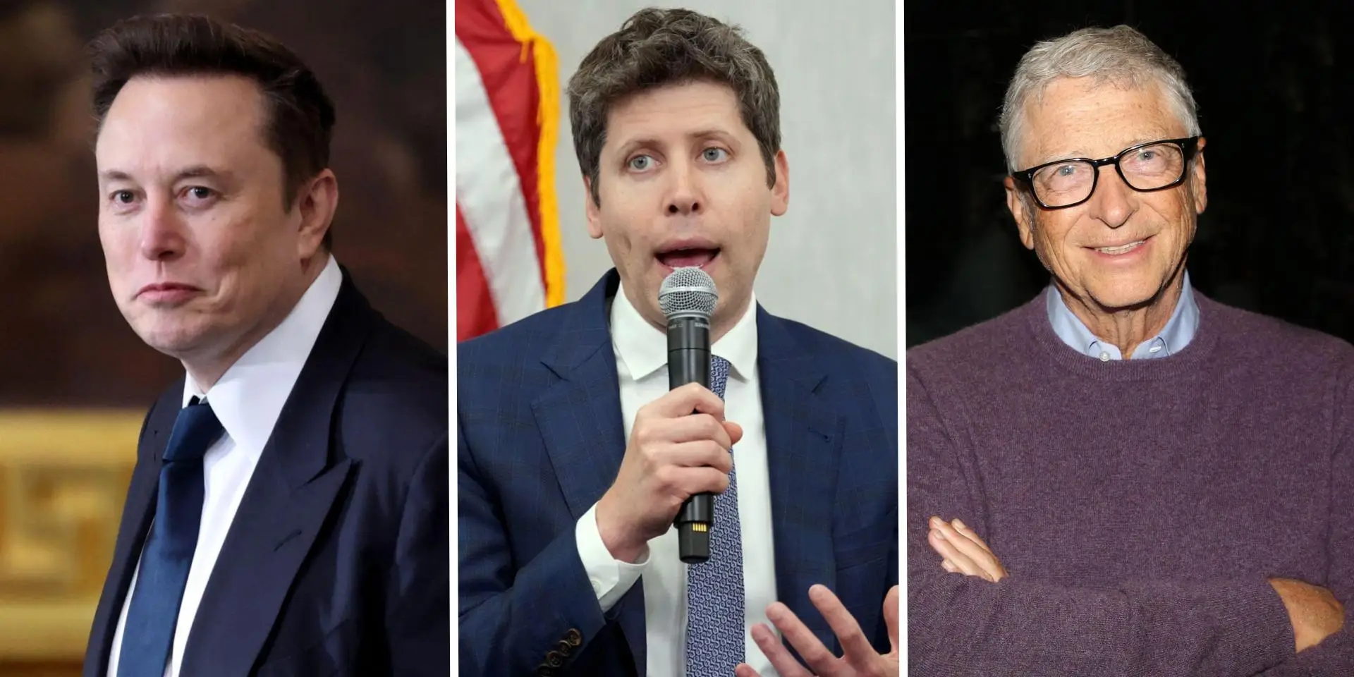 A composite image of Elon Musk, Sam Altman, and Bill Gates