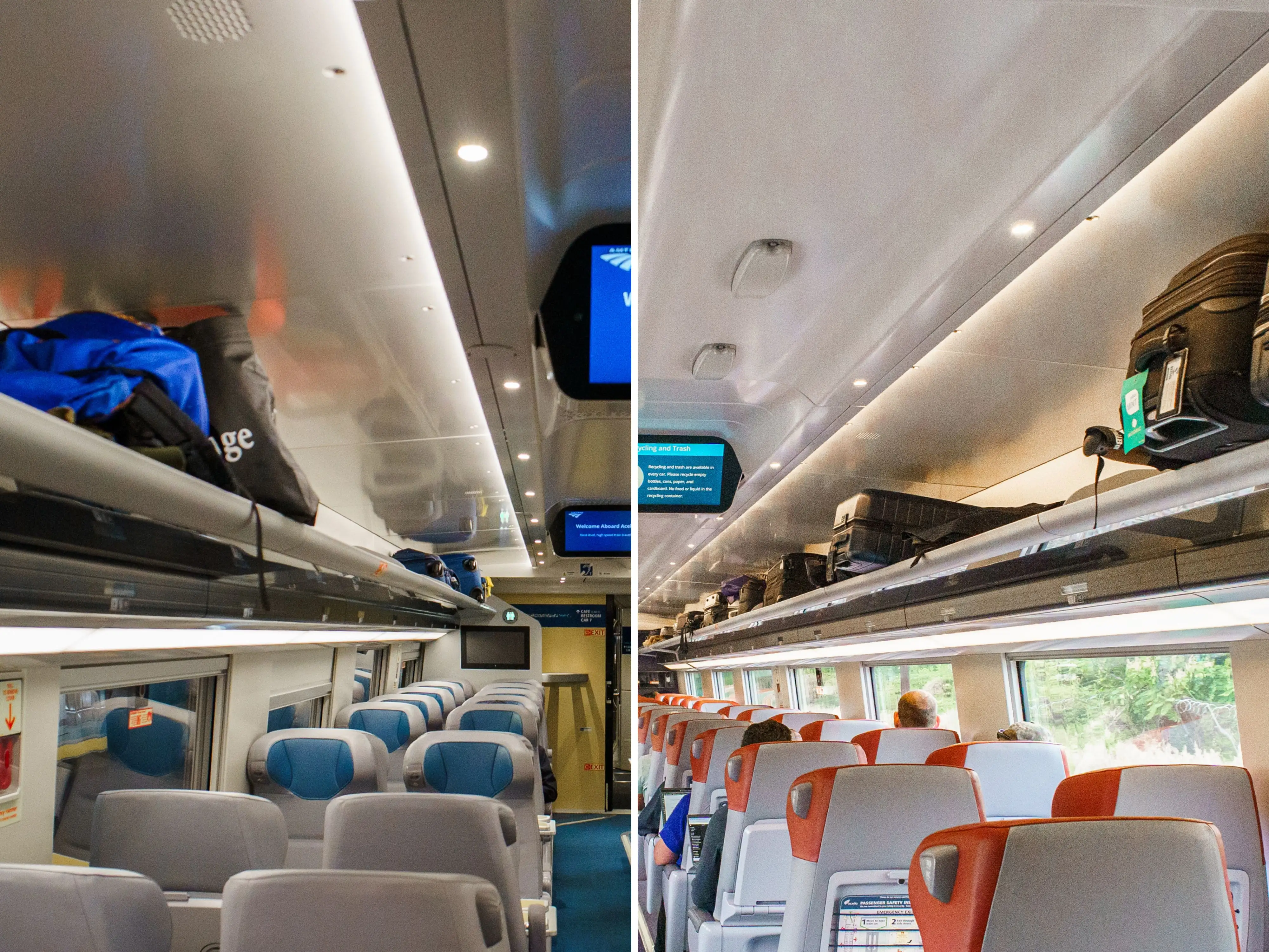 A composite image of the inside of a blue business-class train car and a red first-class train car