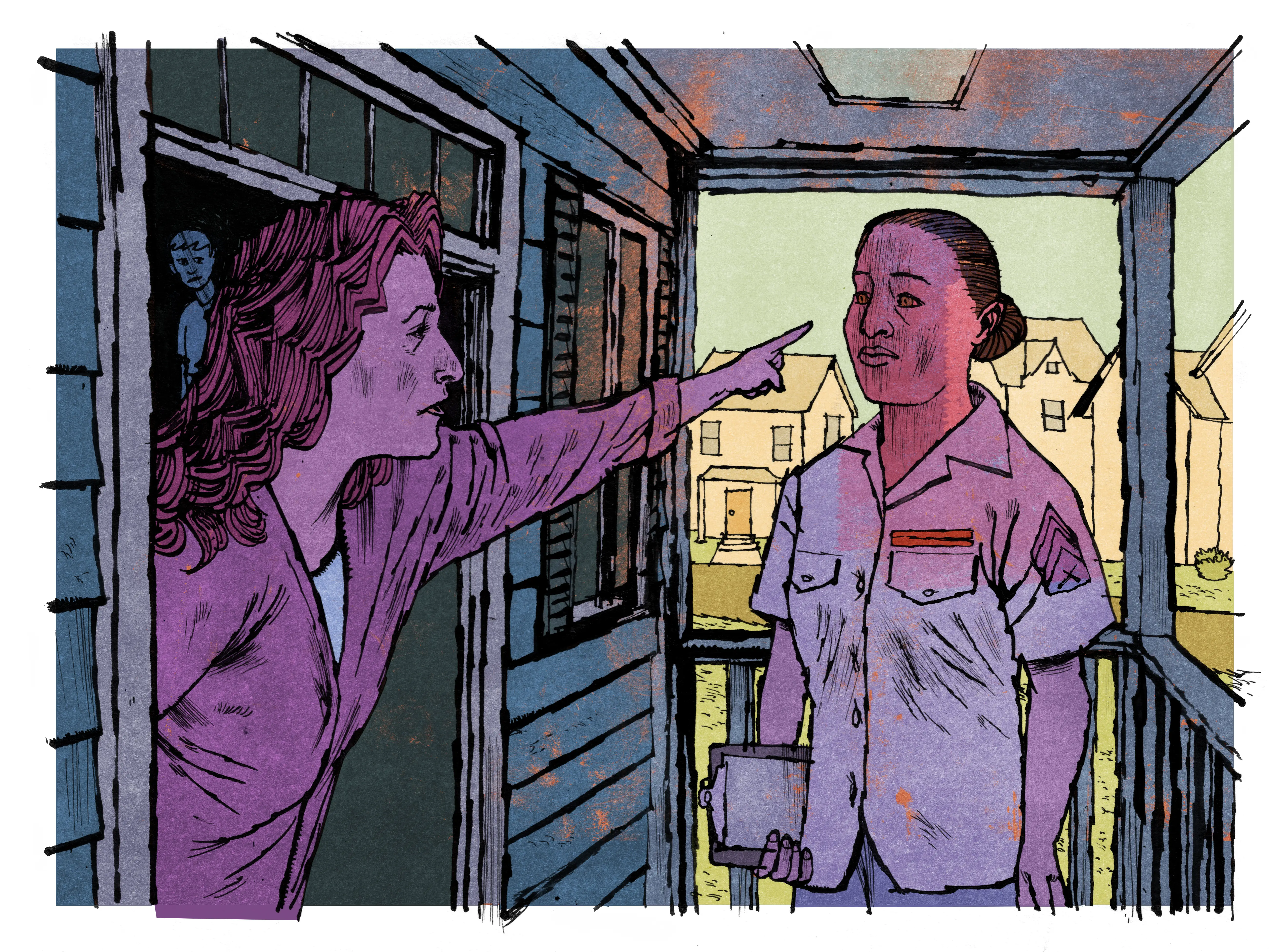 A woman pointing angrily at a Marine recruiter.