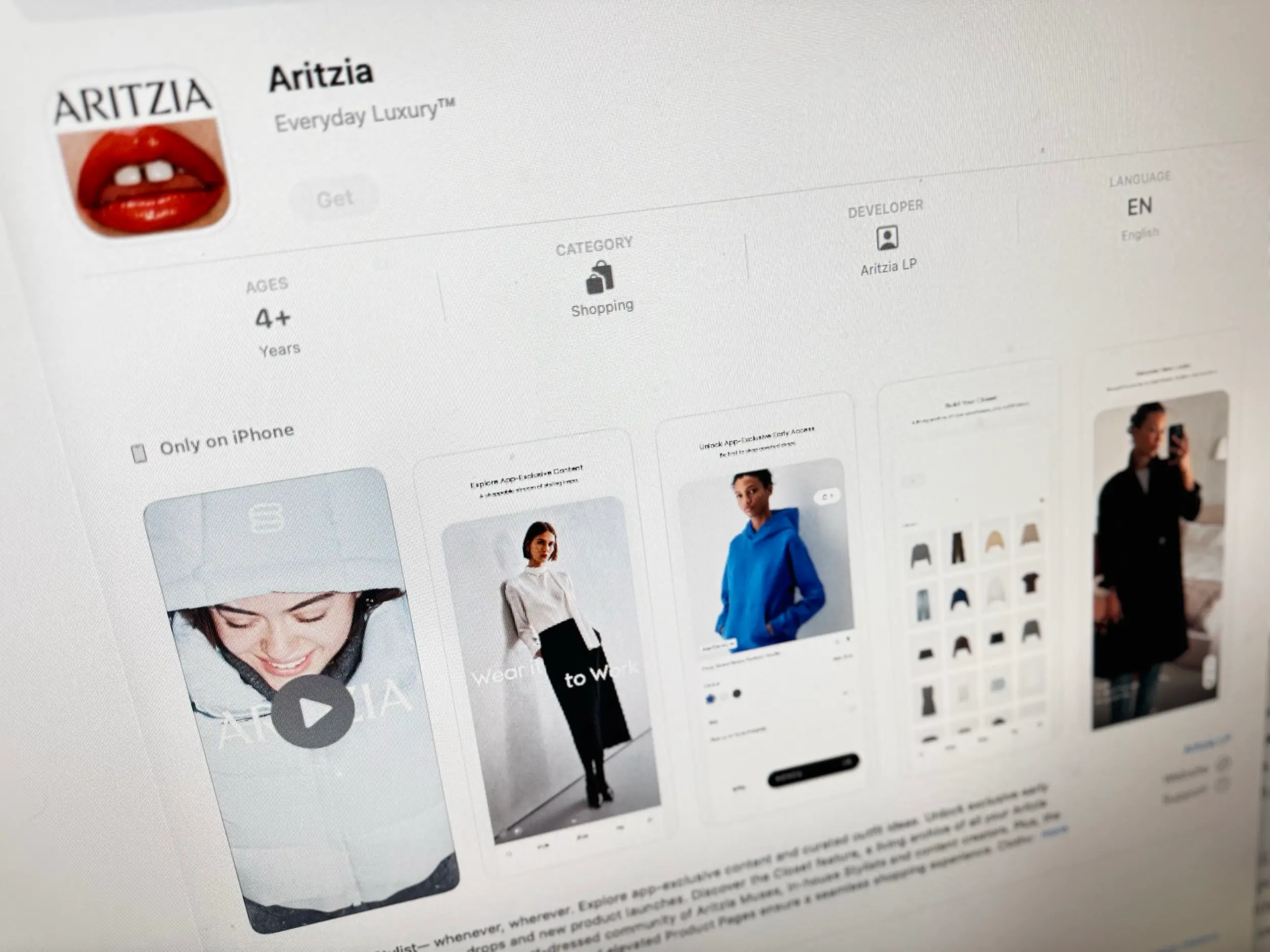 Aritzia's mobile app page in the Apple App Store