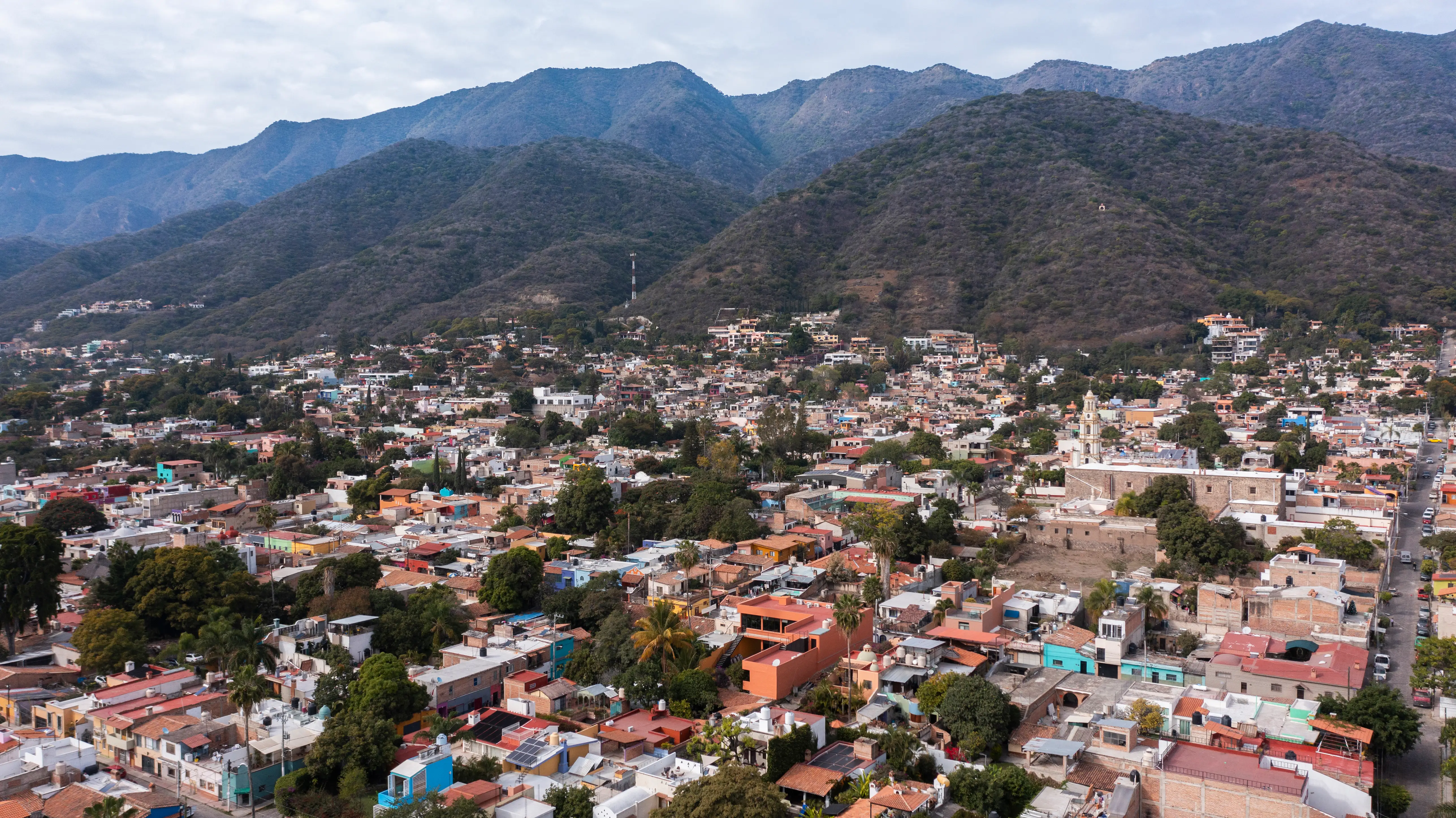 Afternoon aerial view of the historic city center of downtown Ajijic, Jalisco, Mexico