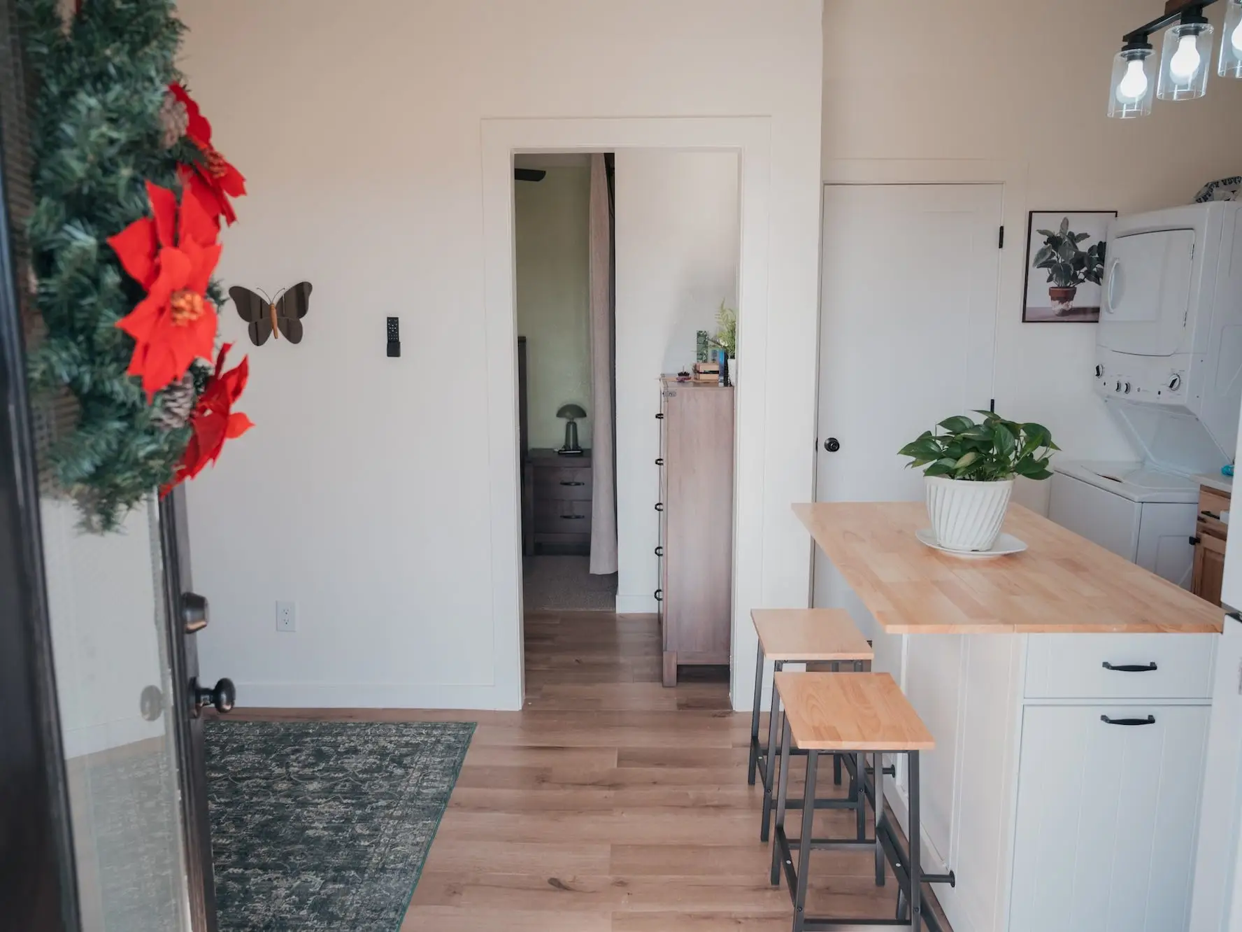 An entry view of a tiny home. An open-concept living area and kitchen is inside.