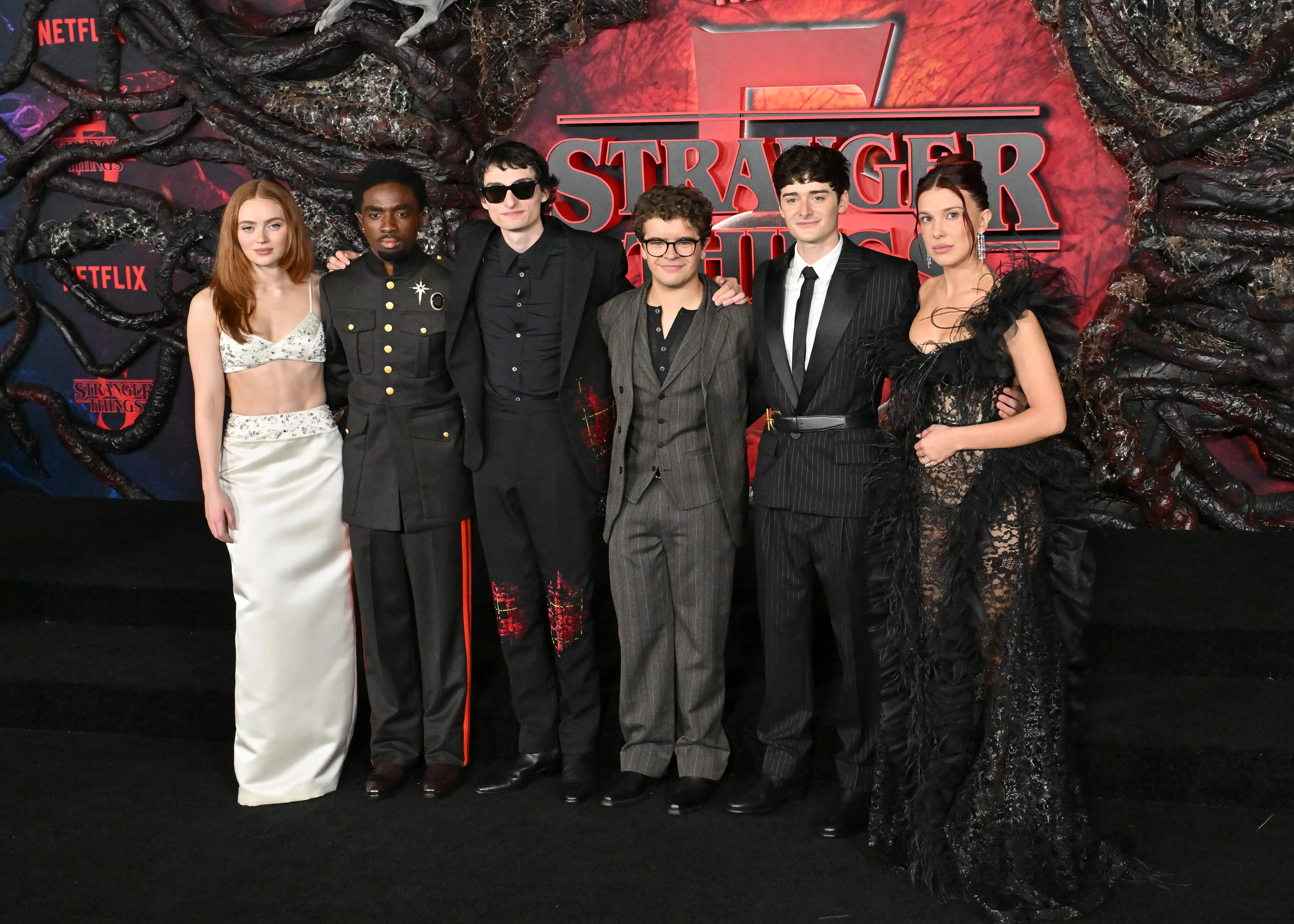 Sadie Sink, Caleb McLaughlin, Finn Wolfhard, Gaten Matarazzo, Noah Schnapp, and Millie Bobby Brown at the premiere of 