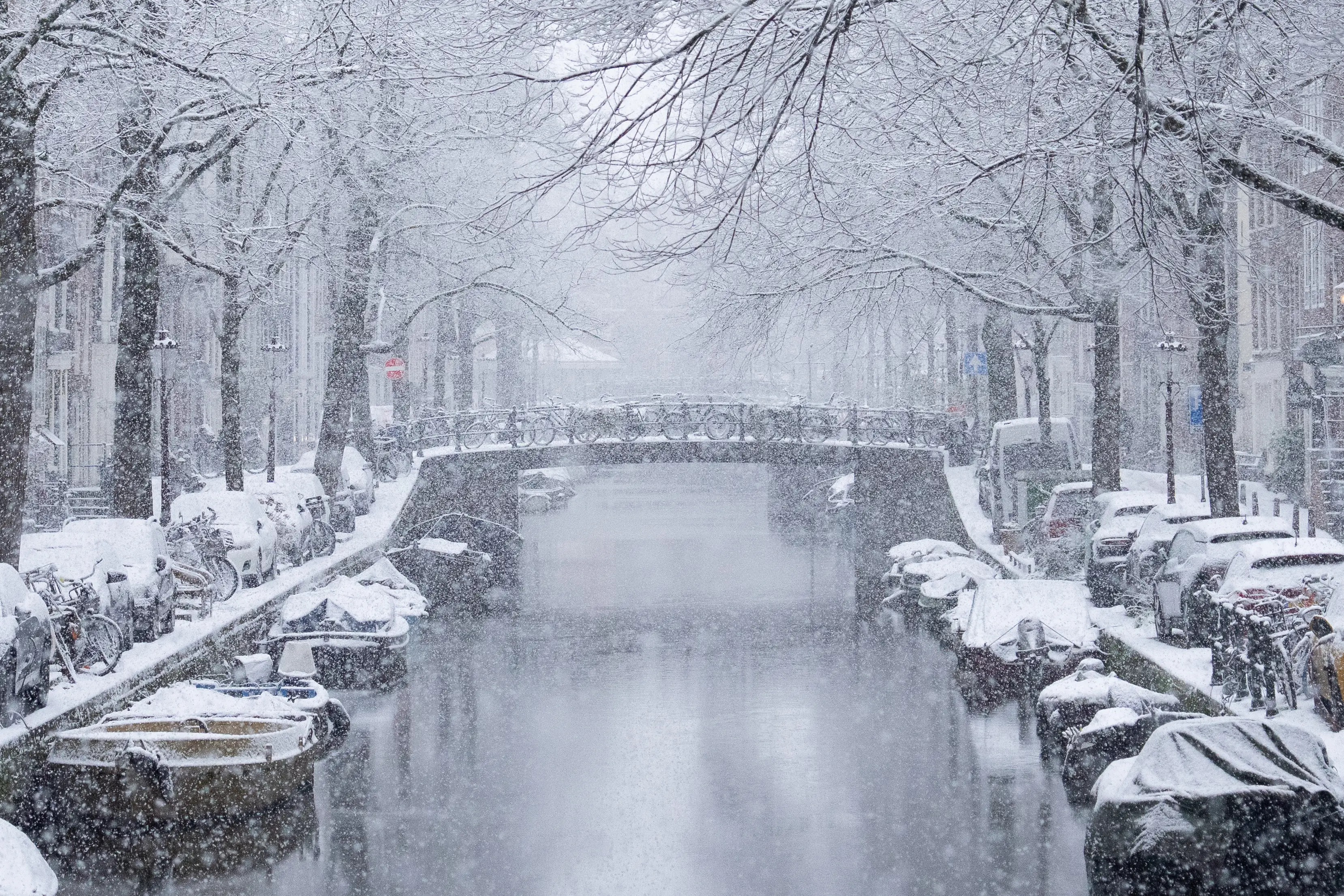 Heavy snow falls in the Jordaan district of the city center on January 05, 2026 in Amsterdam, Netherlands.