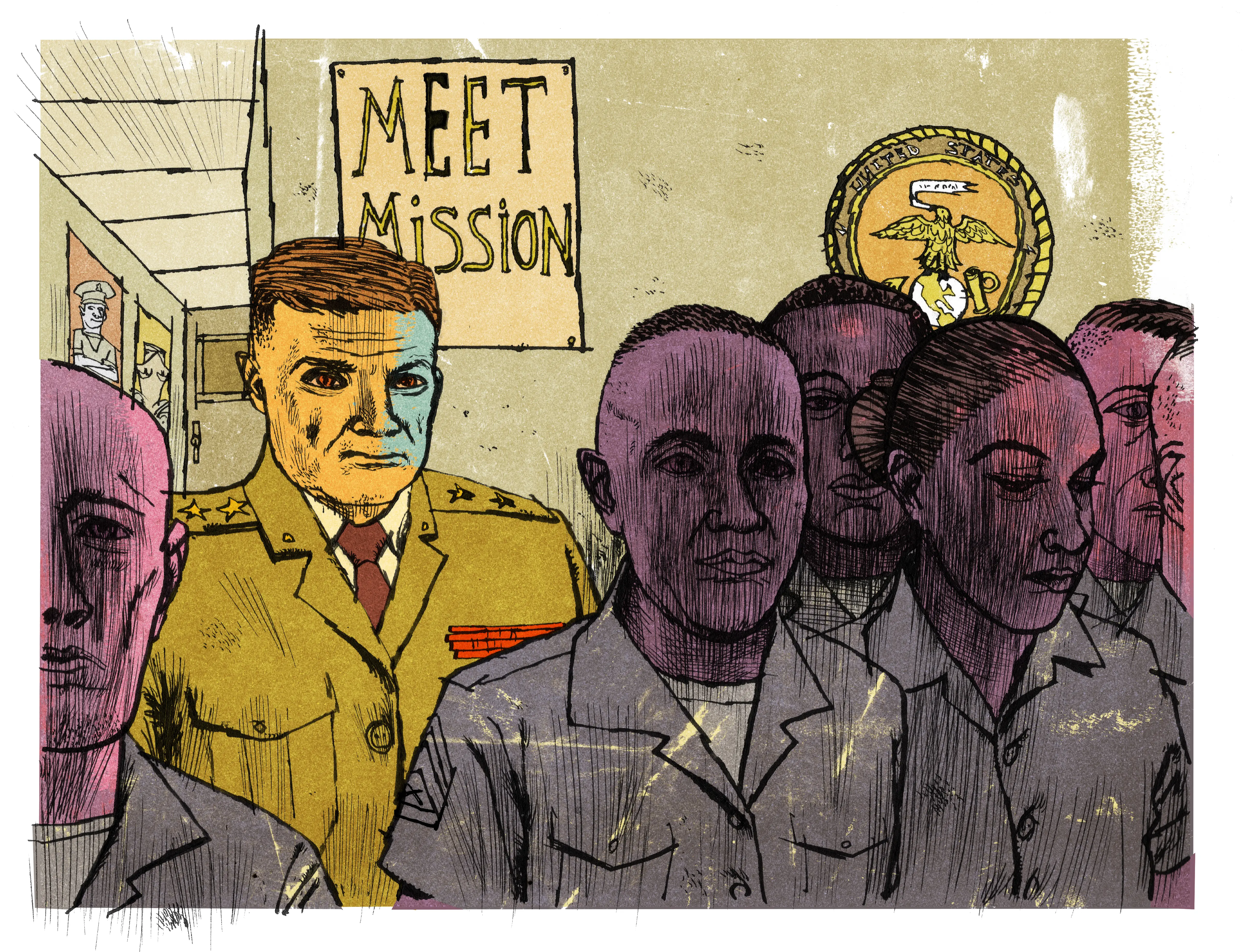 A captain standing behind marines.