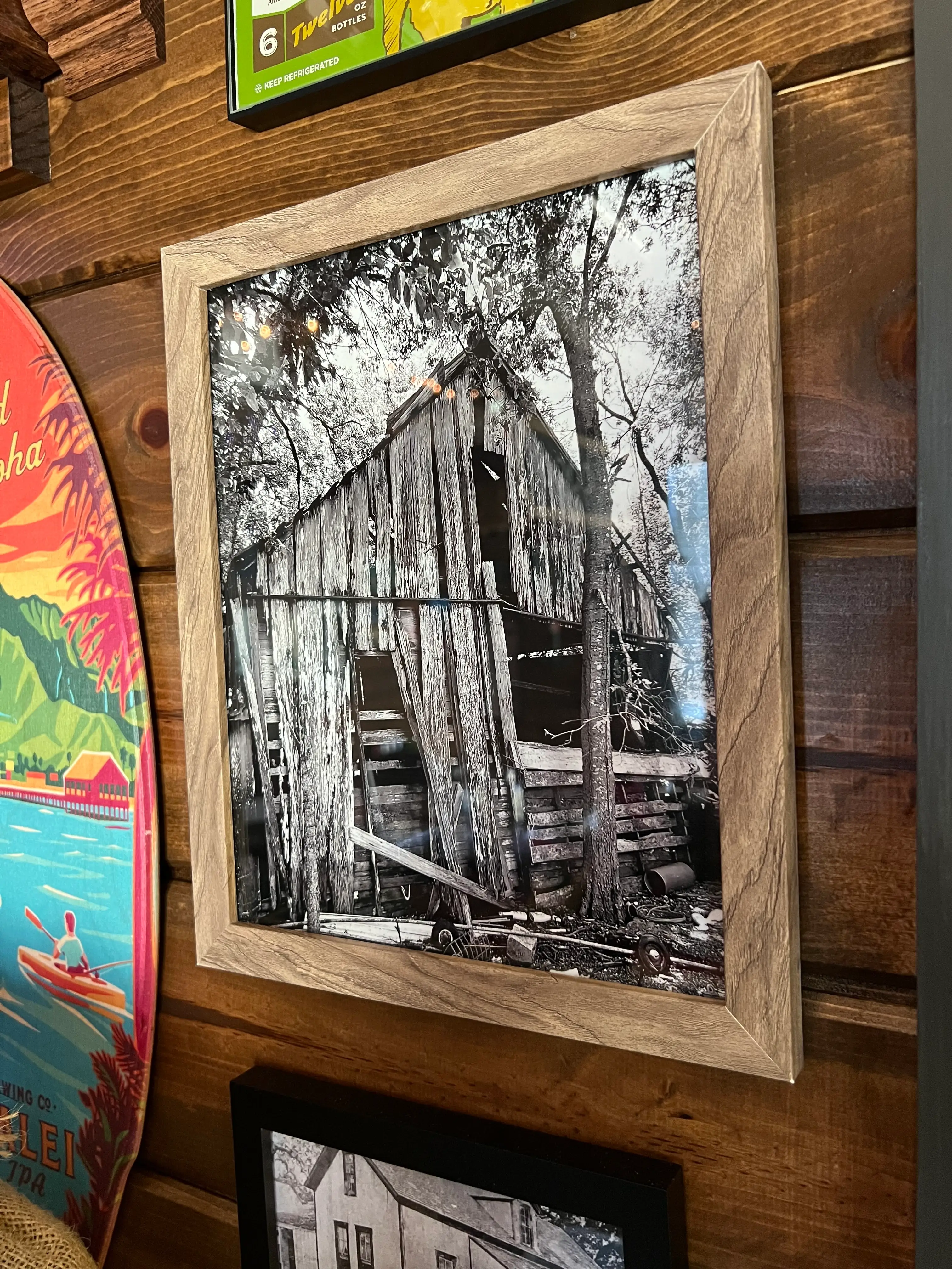 A framed photo of Stephen Hutyra's family's shed.