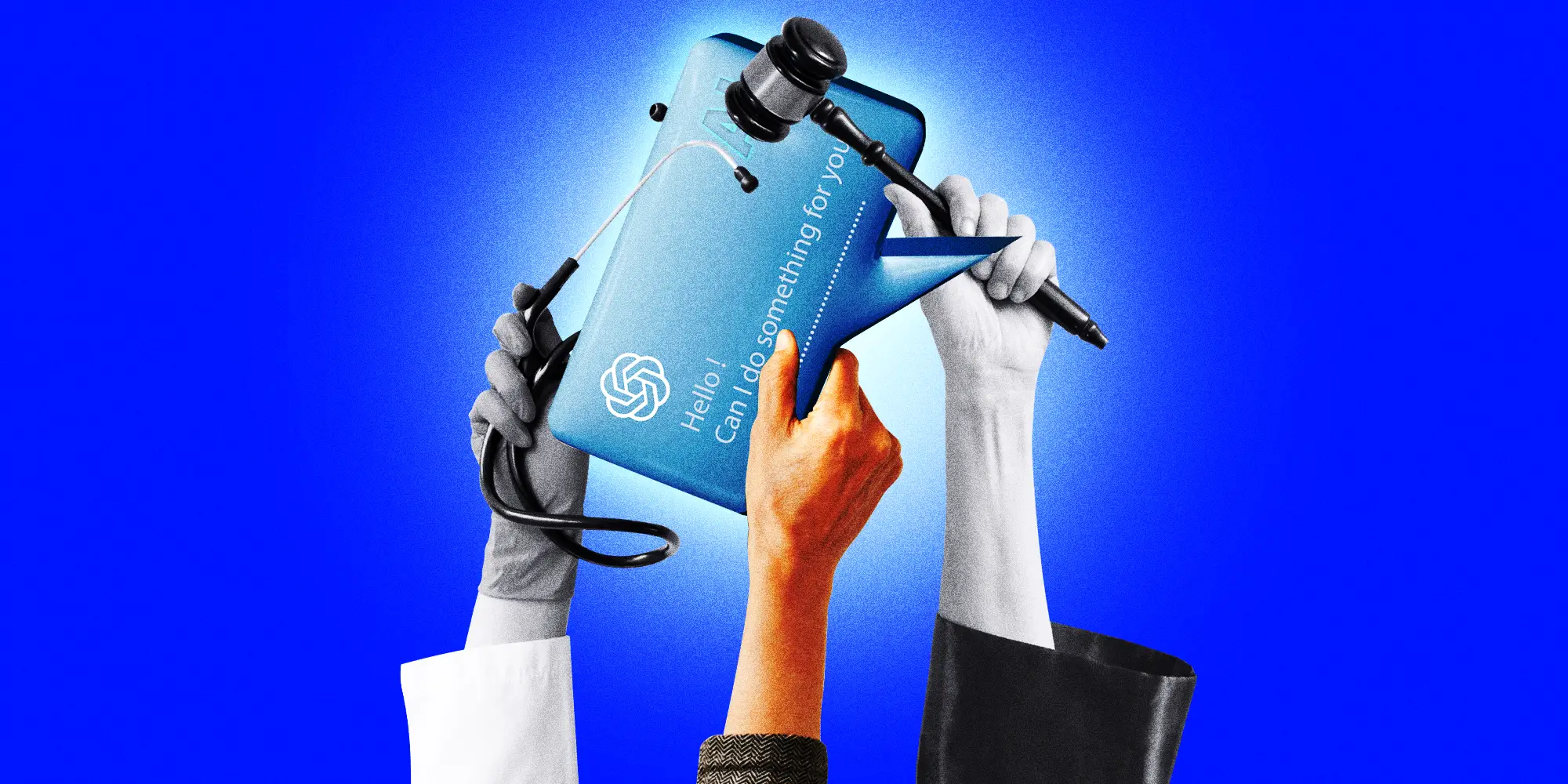 Three hands reaching up: a doctor's with a stethoscope, a judge's with a gavel, and a hand holding a ChatGPT message bubble.