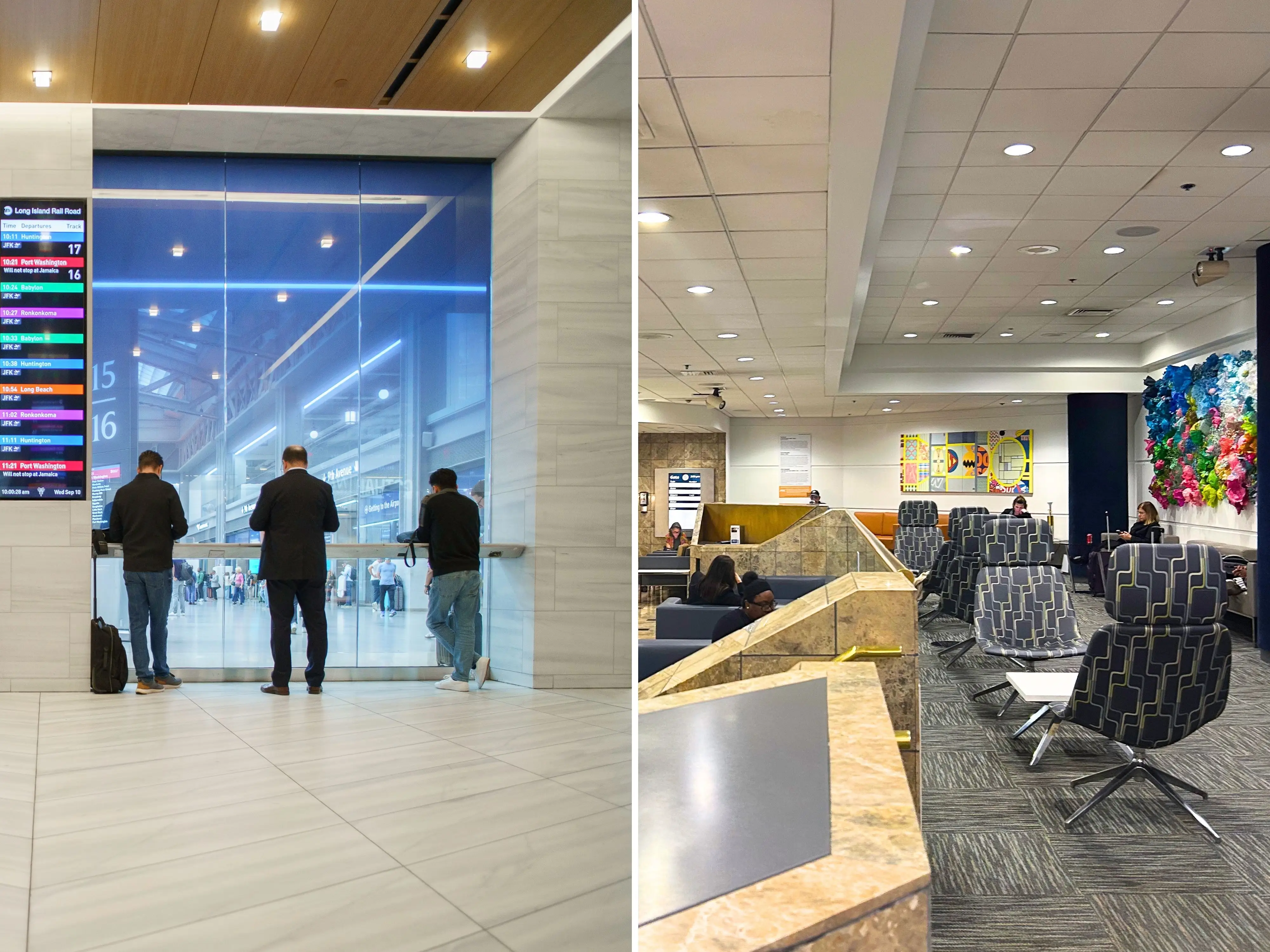 A composite image of passengers standing with luggage in a train station and a wide view of an Amtrak lounge with two tiers of seating