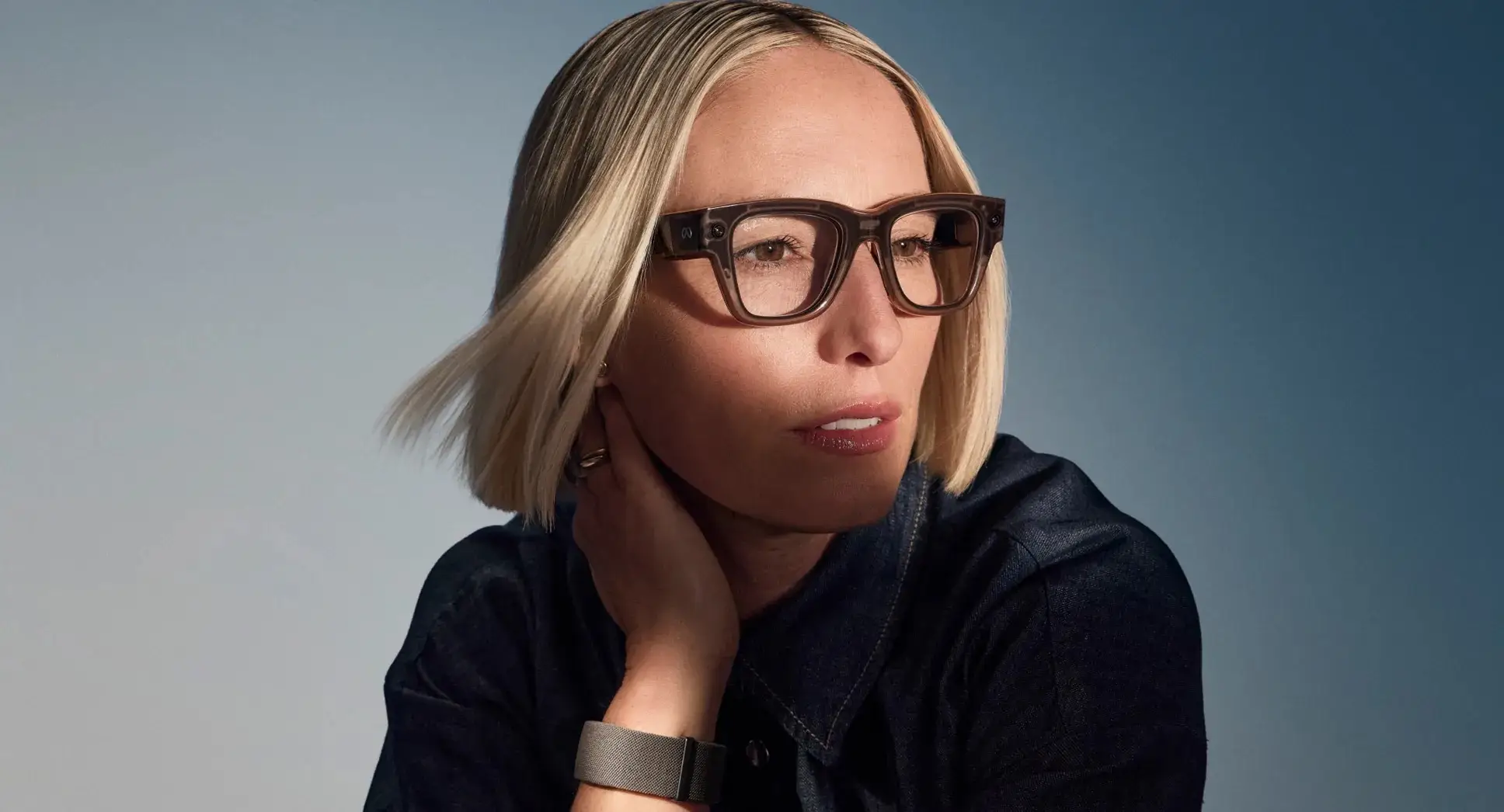Model wearing Meta Display glasses