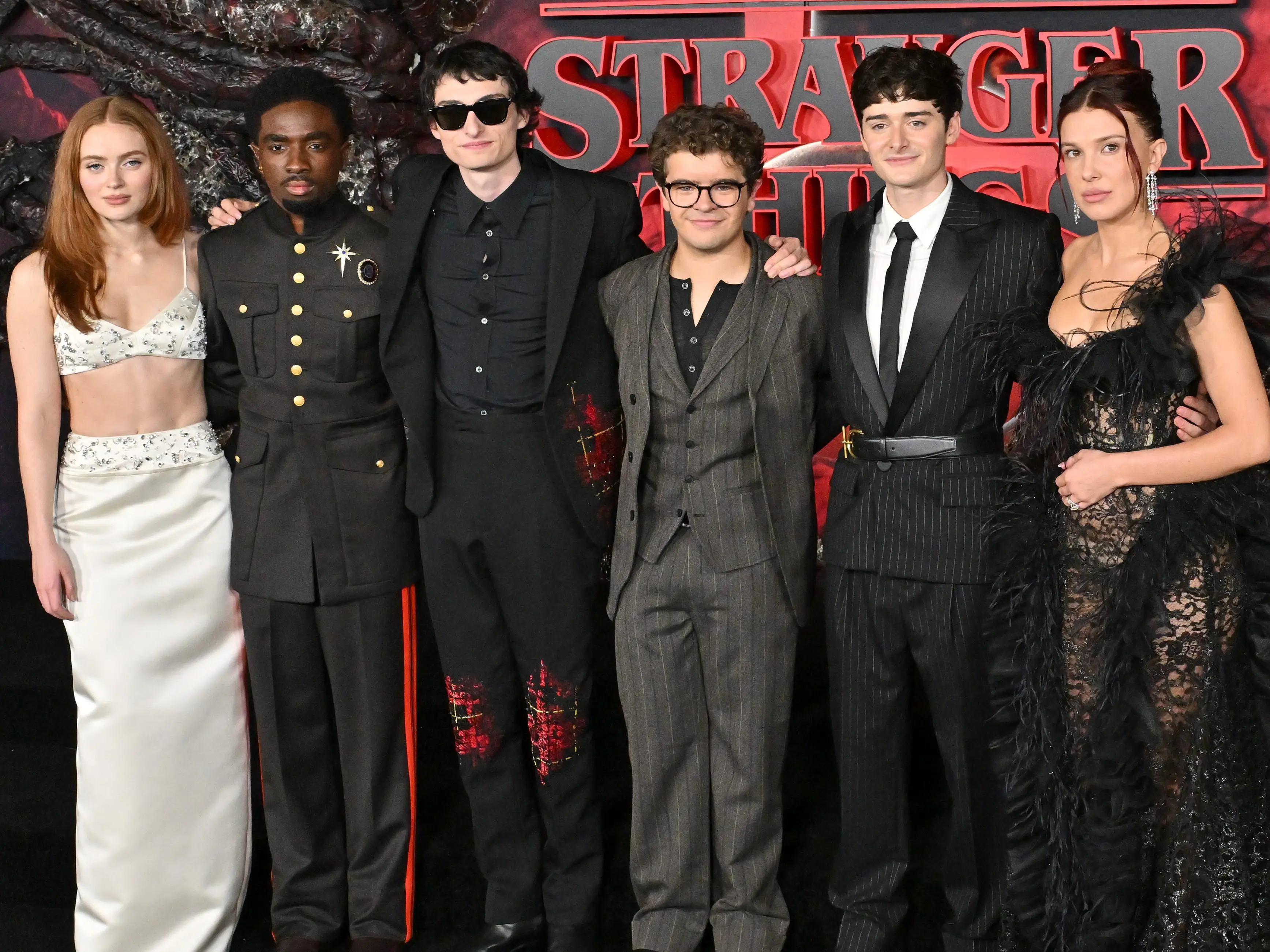Sadie Sink, Caleb McLaughlin, Finn Wolfhard, Gaten Matarazzo, Noah Schnapp, and Millie Bobby Brown at the premiere of 