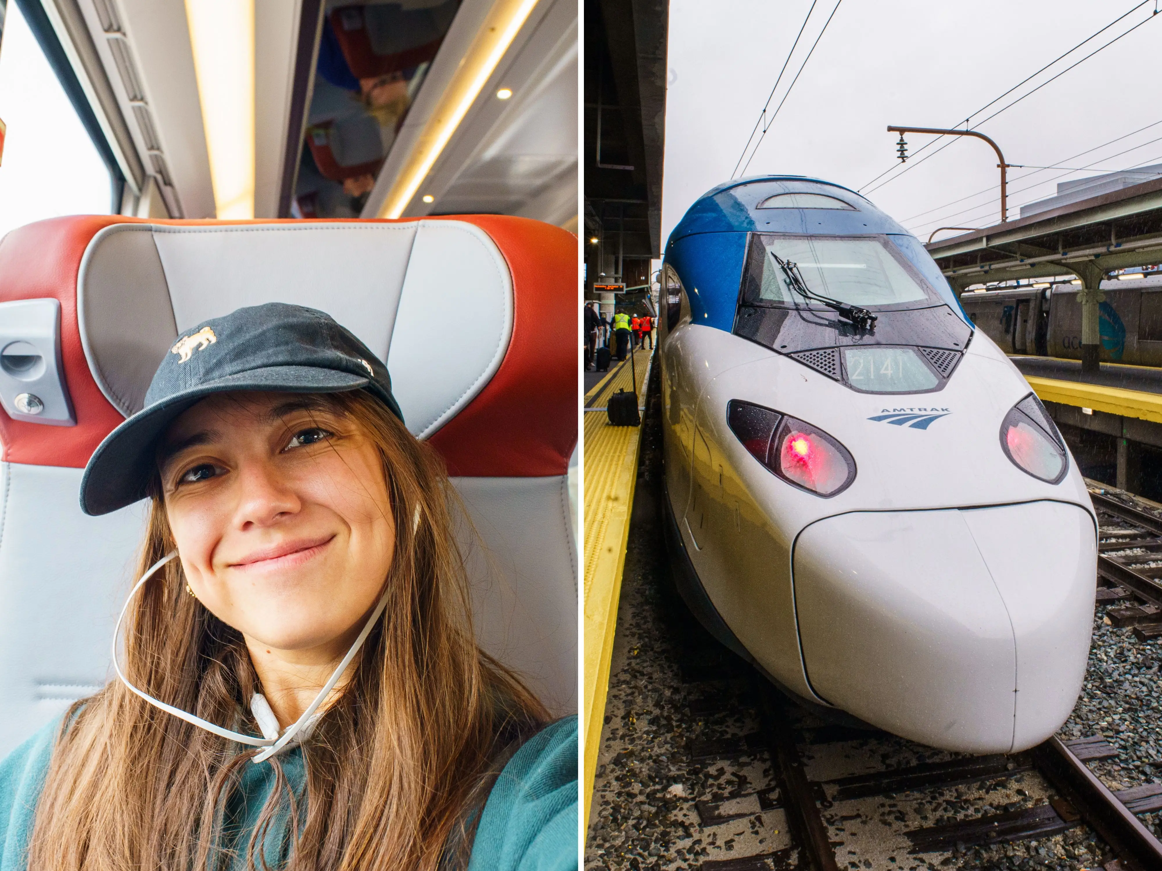 A composite image of the author sitting in a first-class Amtrak NextGen Acela seat and the exterior of the front of the train