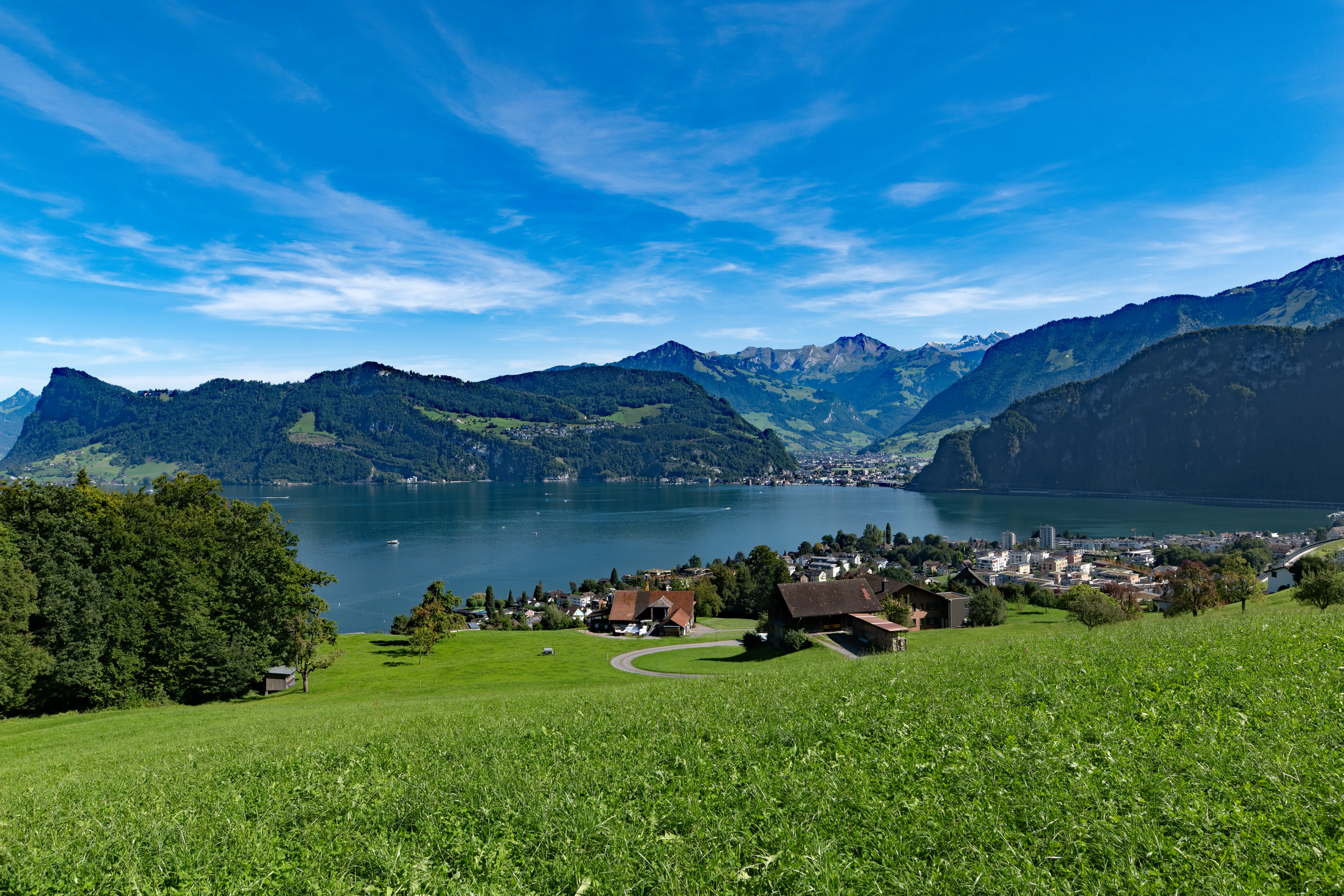 Lake Lucerne view with houses, greenery, mountains nearby
