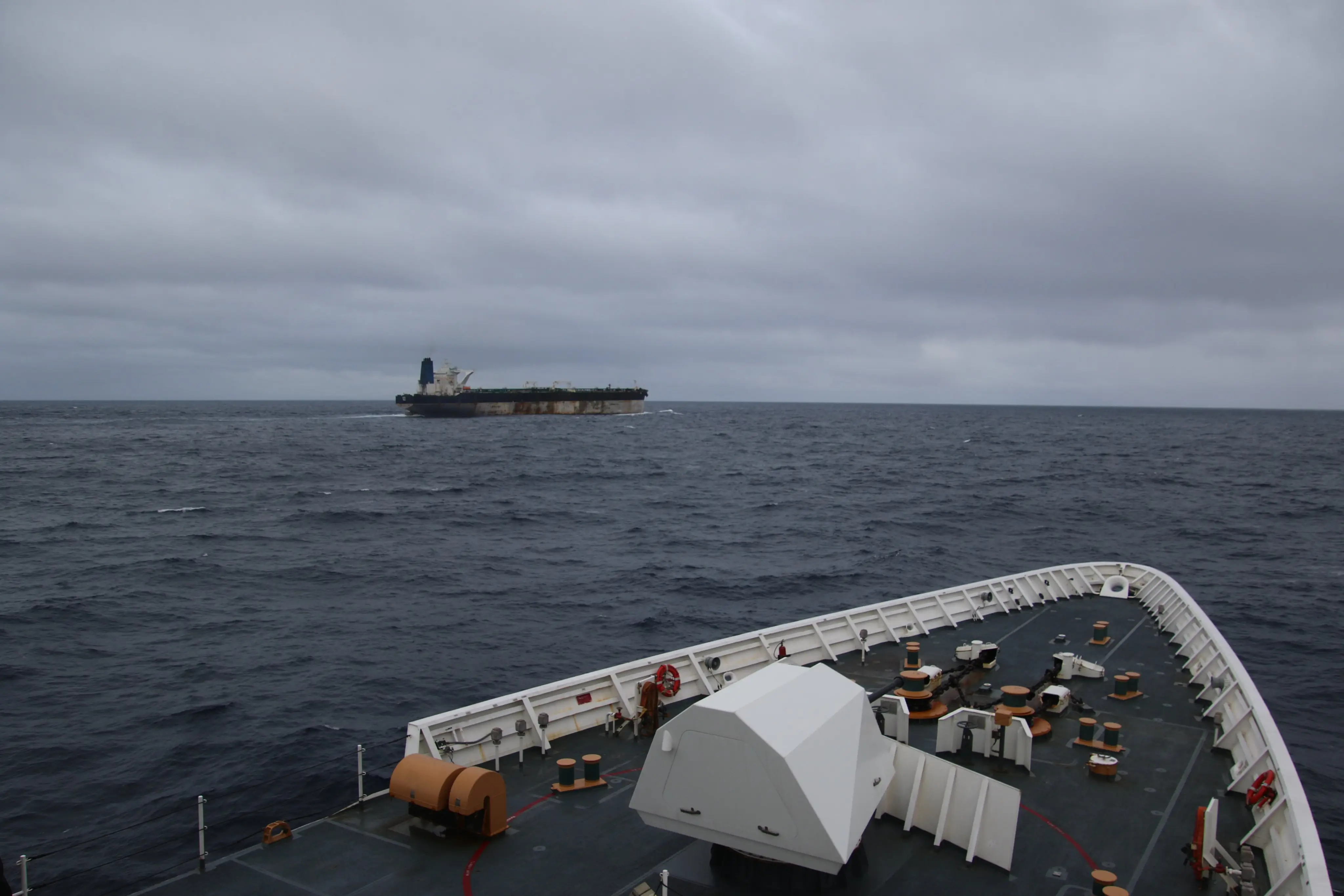 The sanctioned Russia-flagged oil tanker in the North Atlantic.