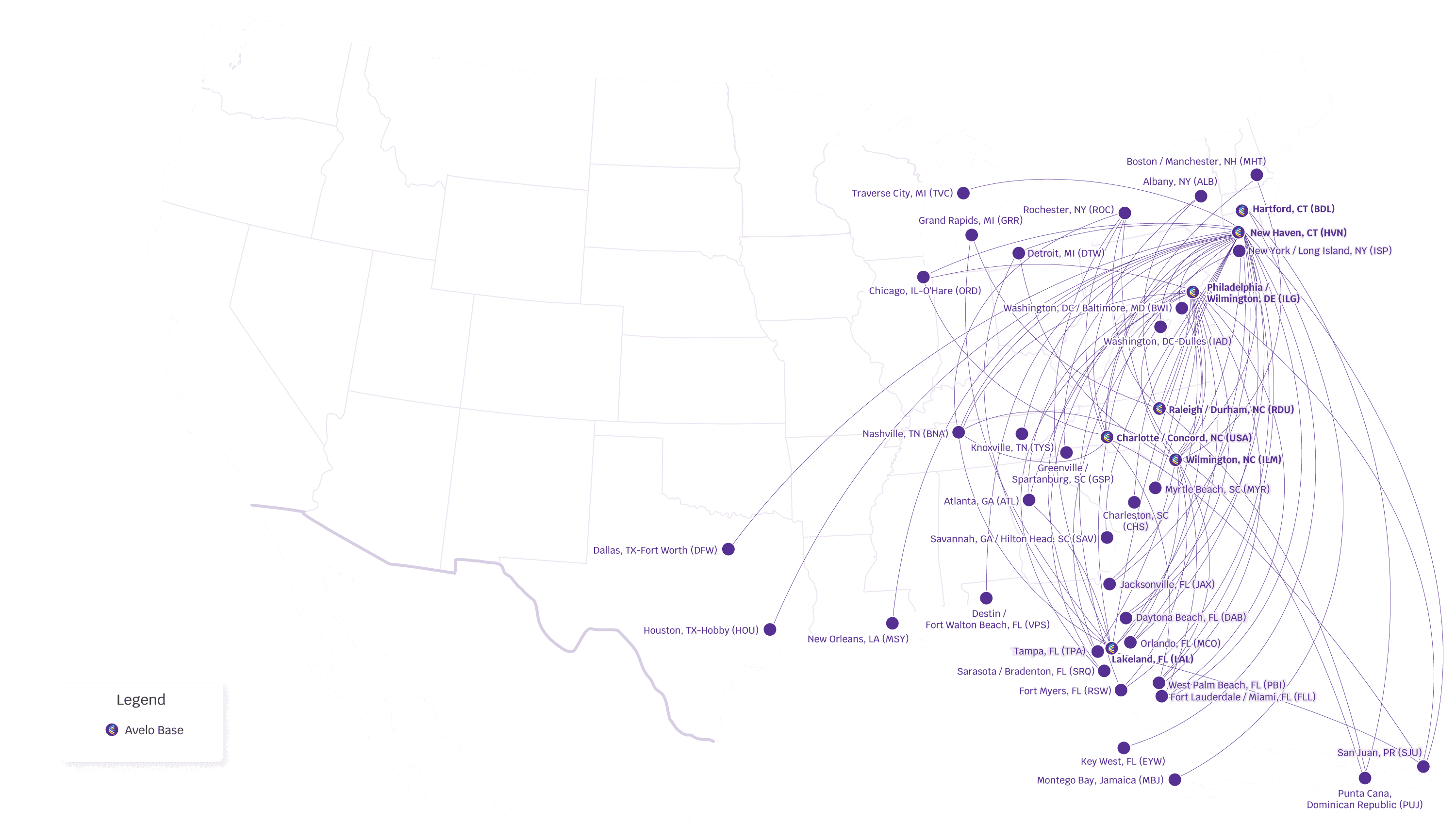 Avelo's current route map.