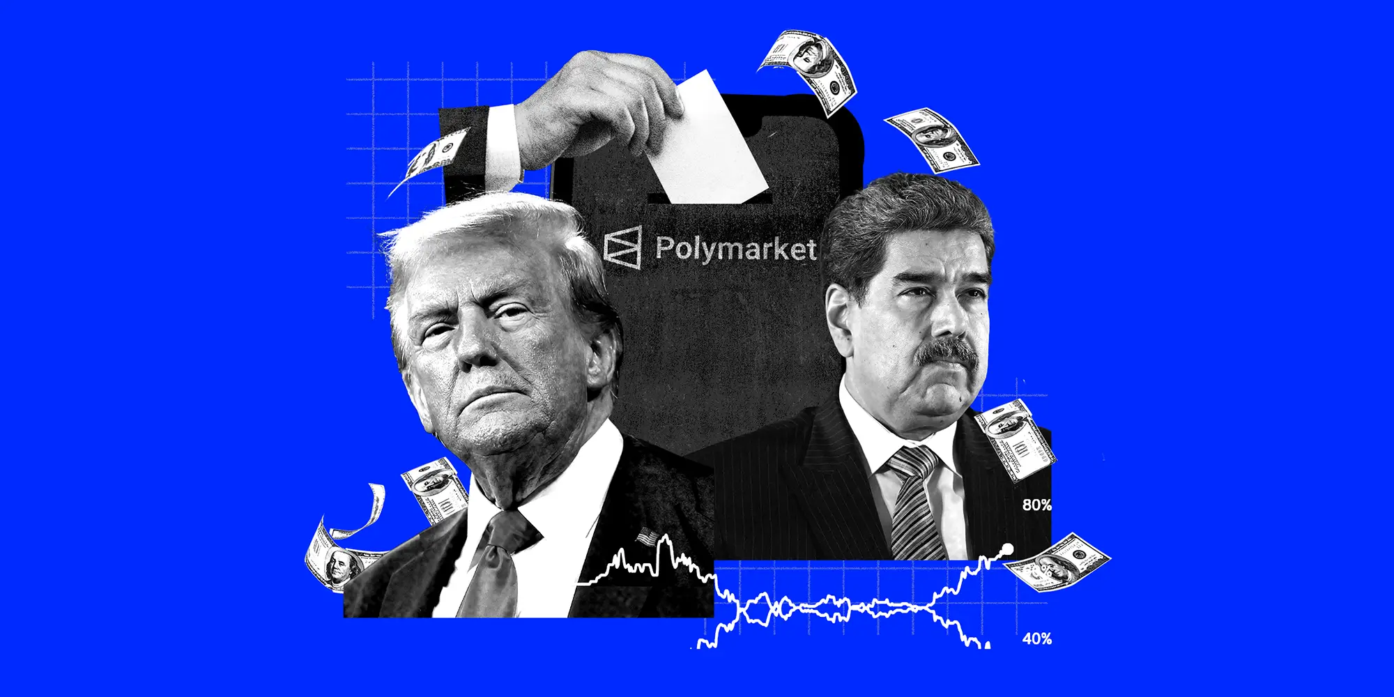 Photo collage showing Venezuela's President Nicolás Maduro, U.S. President Donald Trump, and a smartphone displaying Polymarket, alongside a hand sliding a note.