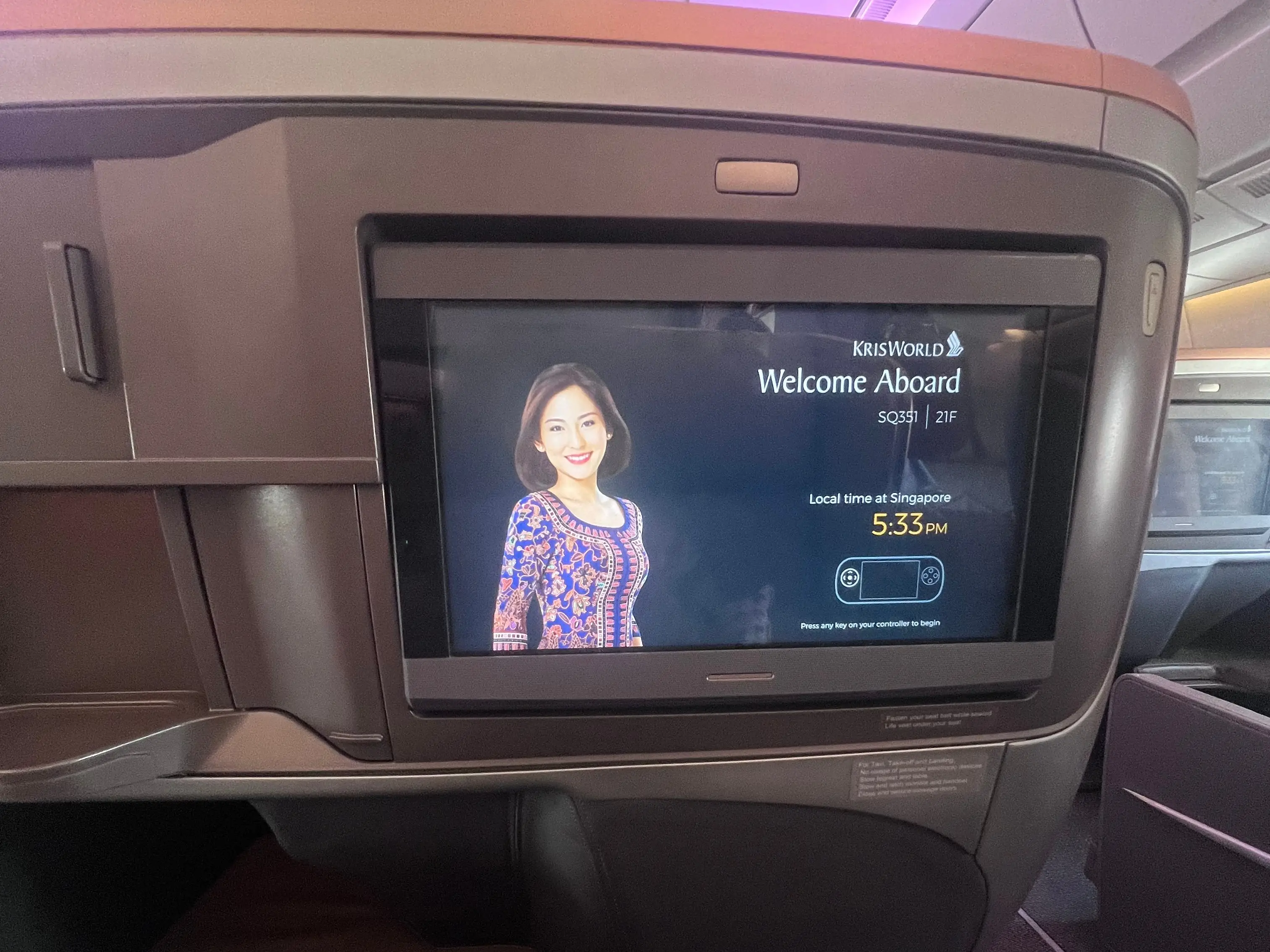Seatback screen for Business class seat on Singapore airlines