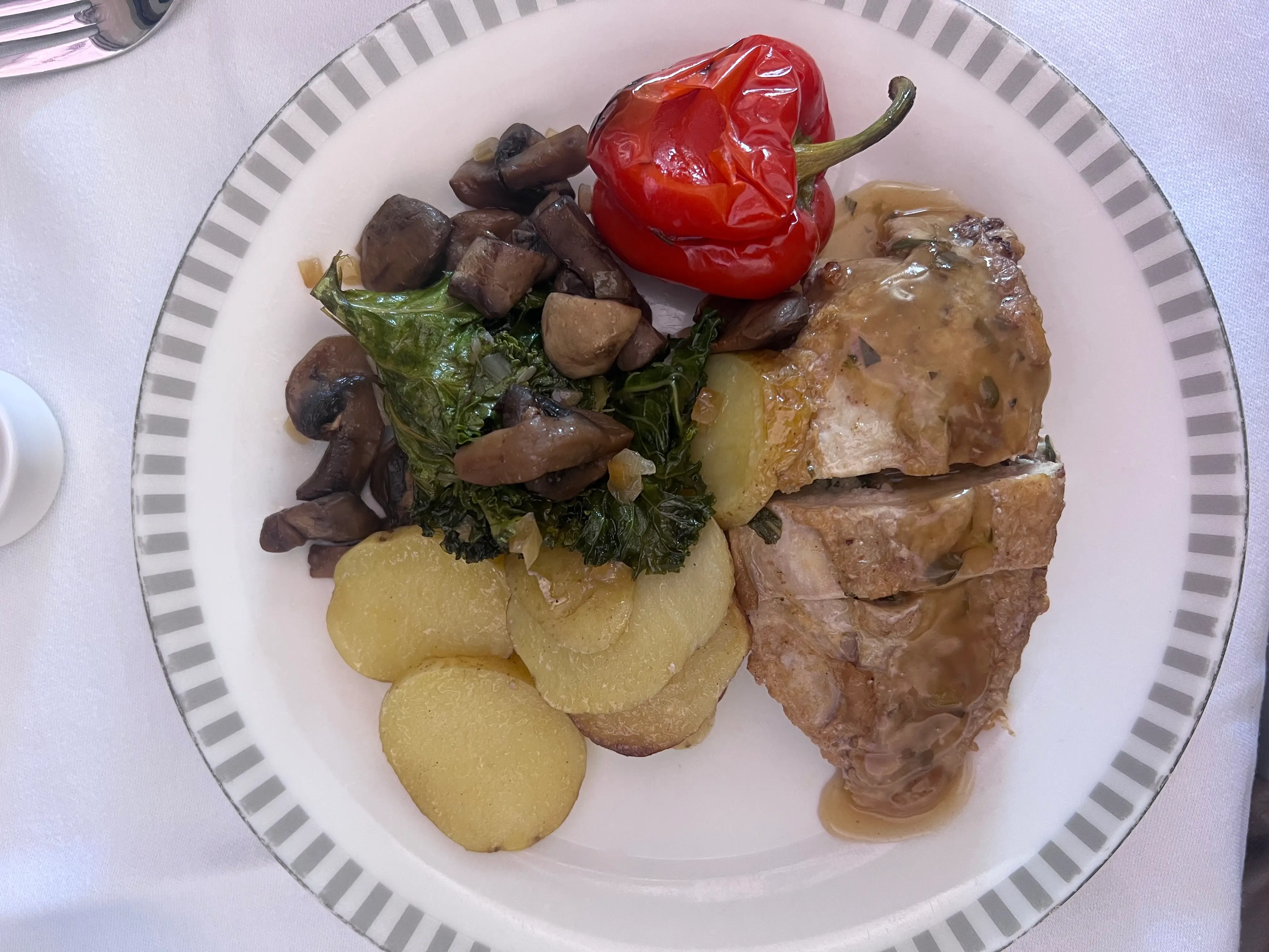 Chicken, potatoes, mushrooms, pepper, on plate on Singapore Airlines flight