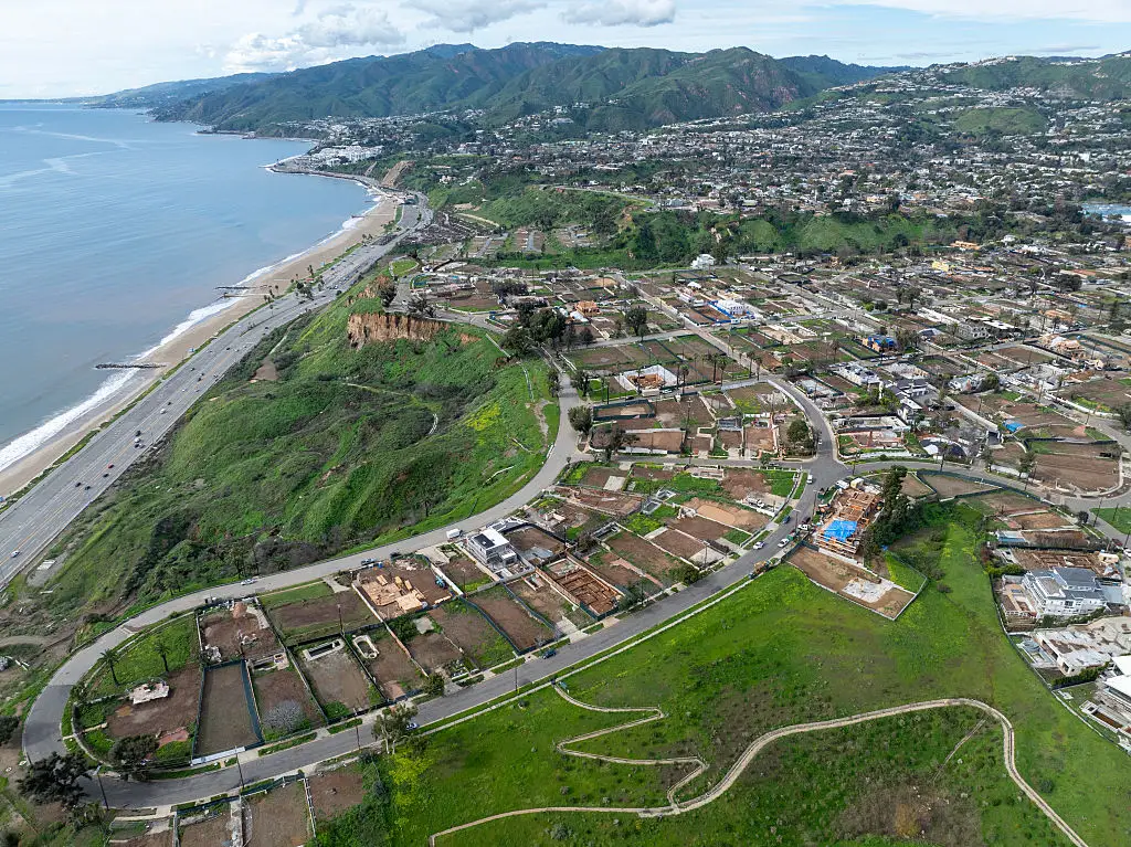 An aerial view of the Pacific Palisades after the fires.