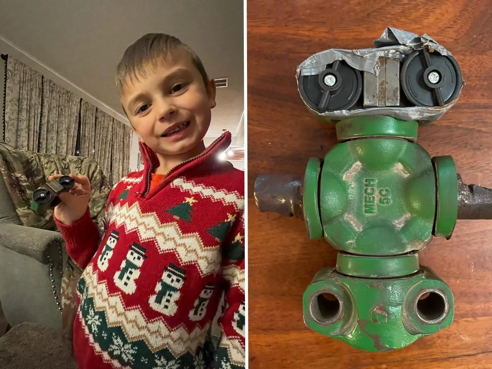 Composite image of the author's son, left, and his robot that he made out of tractor parts and duct tape, right.