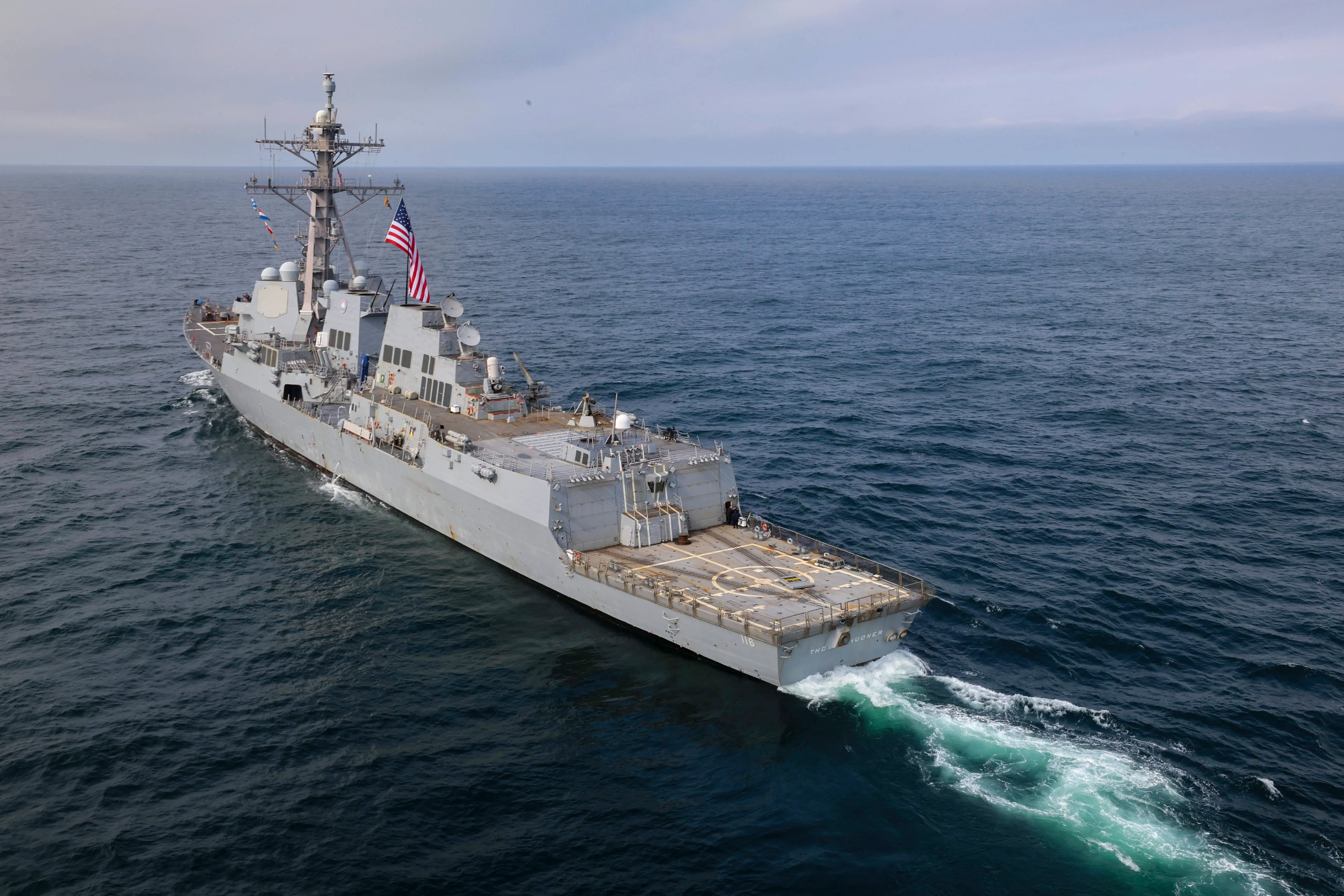 The Arleigh Burke-class guided-missile destroyer USS Bulkeley (DDG 84) maneuvers into position during At-Sea Demonstration (ASD) / Formidable Shield (FS) 2025.