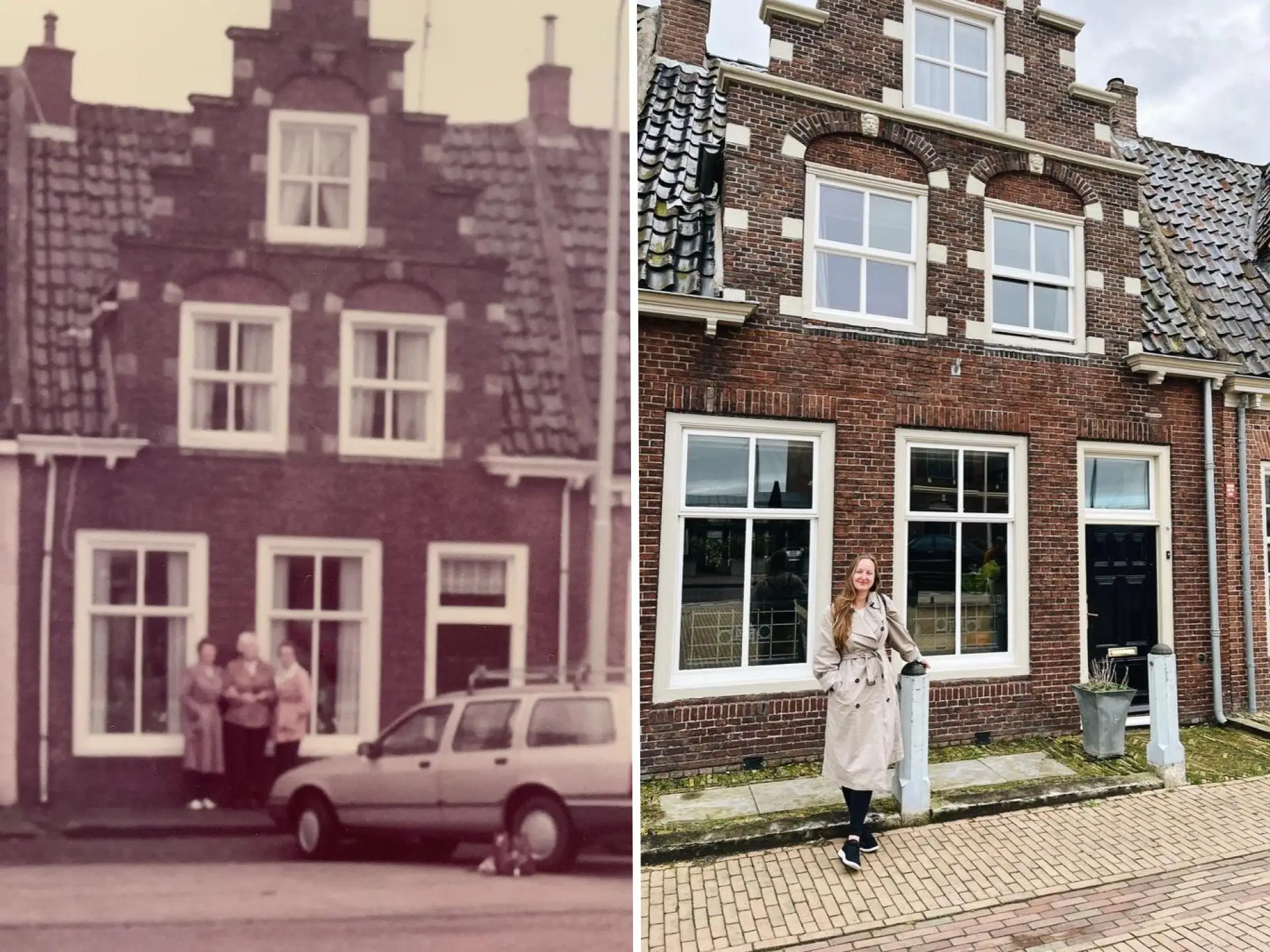 Side by side image, on the left is an older image of three women standing in front of a builing in the Netherlands, on the right is a newer image of the author standing in front of the same building.