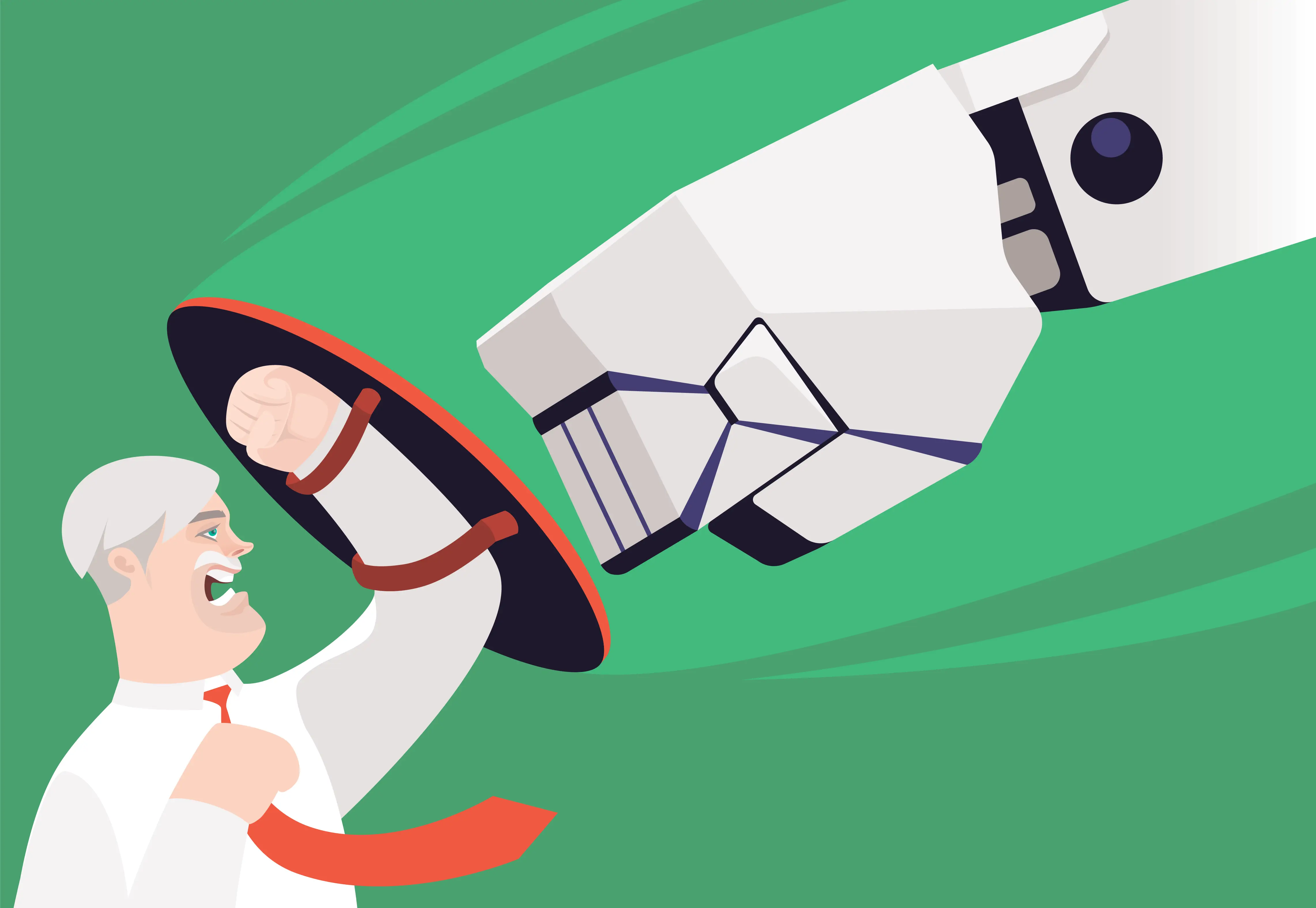 A business man defending against a robot punch.