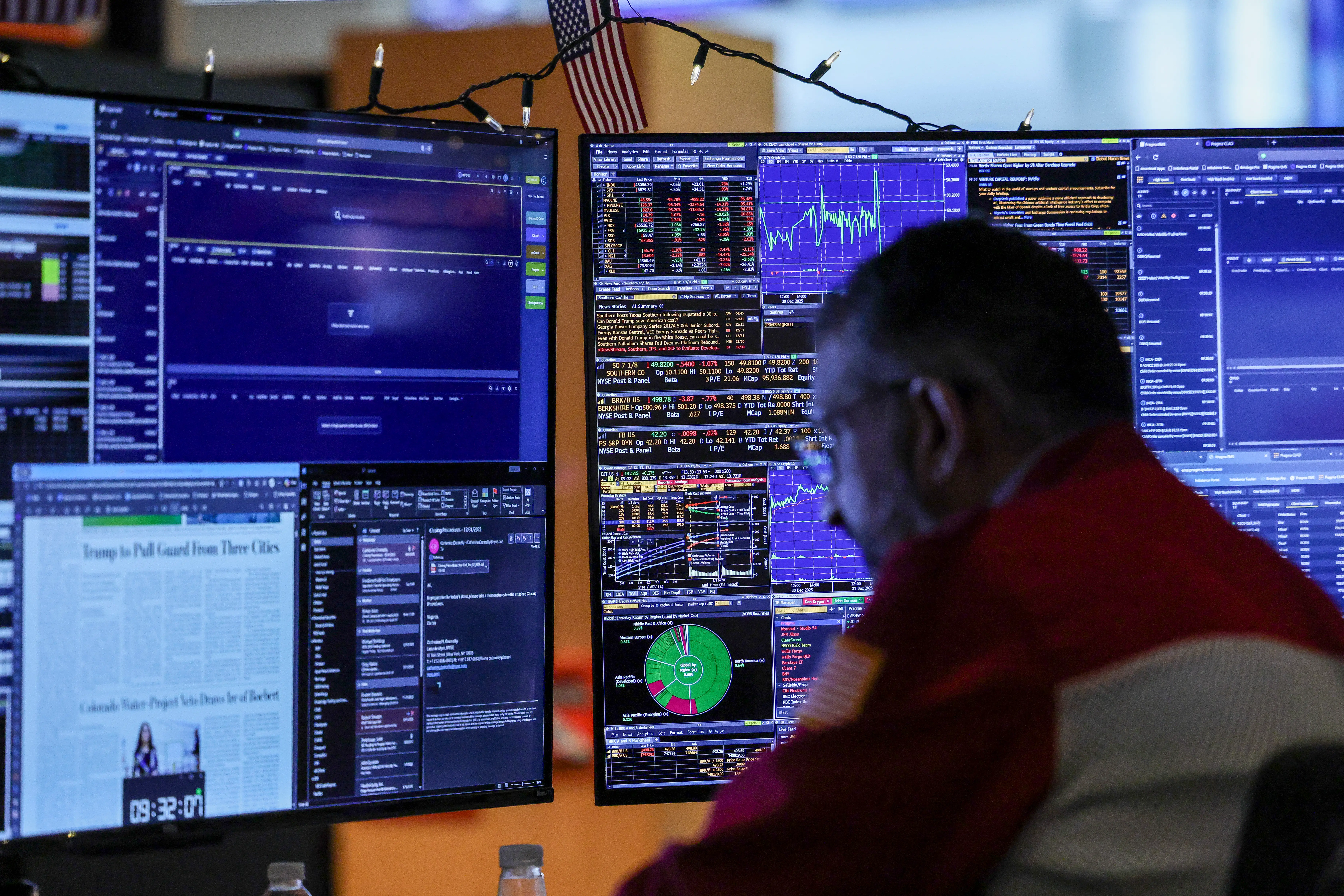 Trader looking at two large computer screens