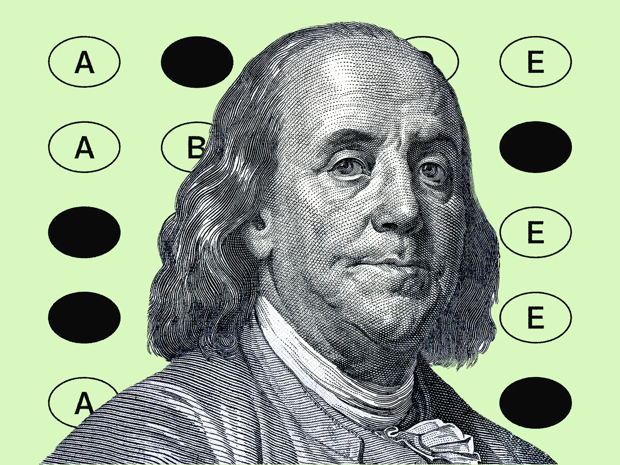 A scantron test in the background of Ben Franklin
