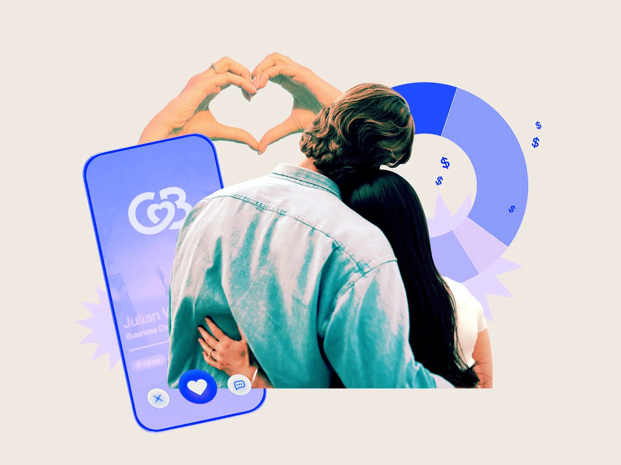 Photo collage featuring a couple hugging, heart hands, Coffee Meets Bagel dating app on phone screen, and financial elements.