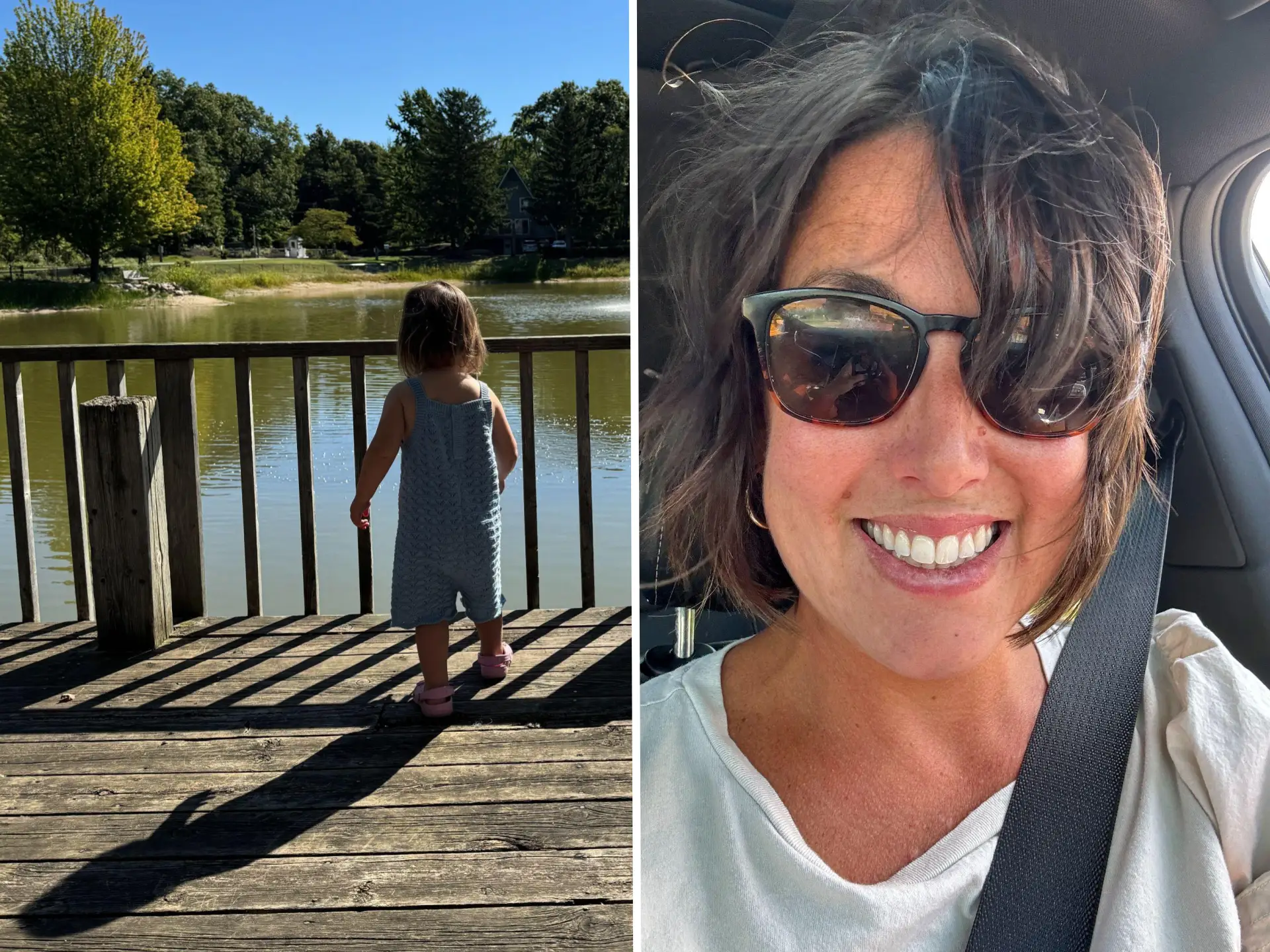 Split image of a little girl facing a pond and her mother on the right