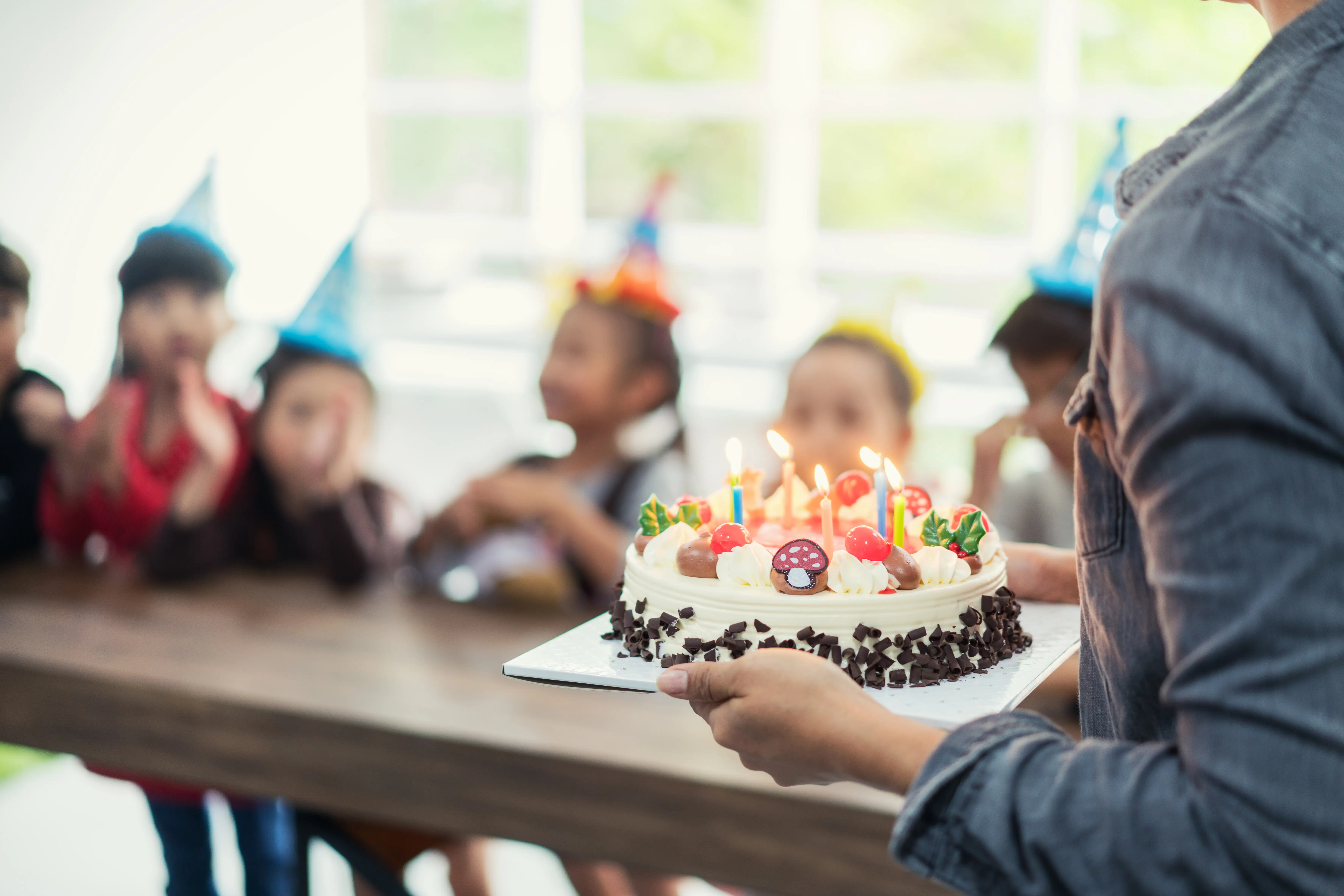 Close-up of a birthday cake on the table at home