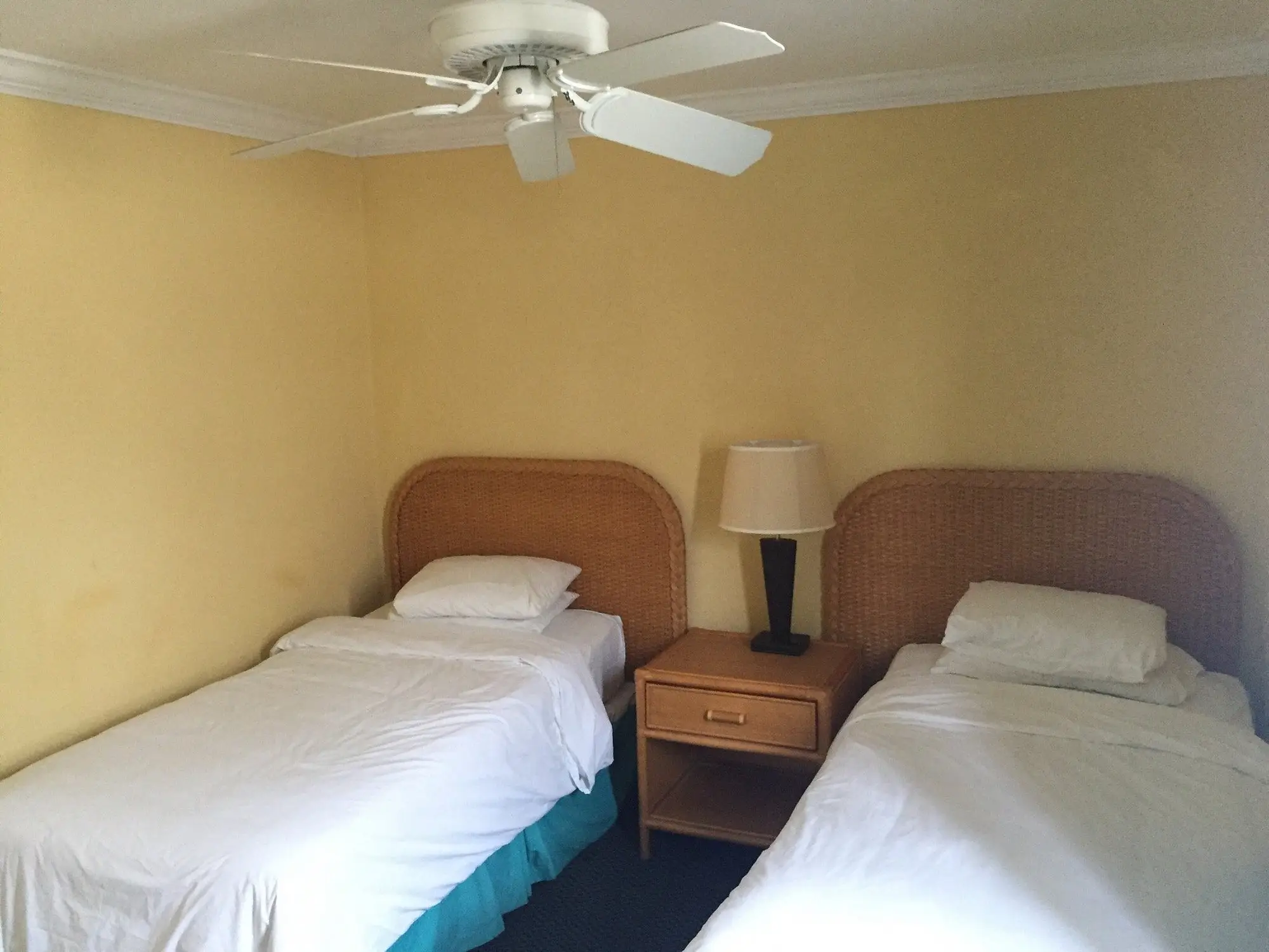 Two twin-sized beds in room with yellow walls